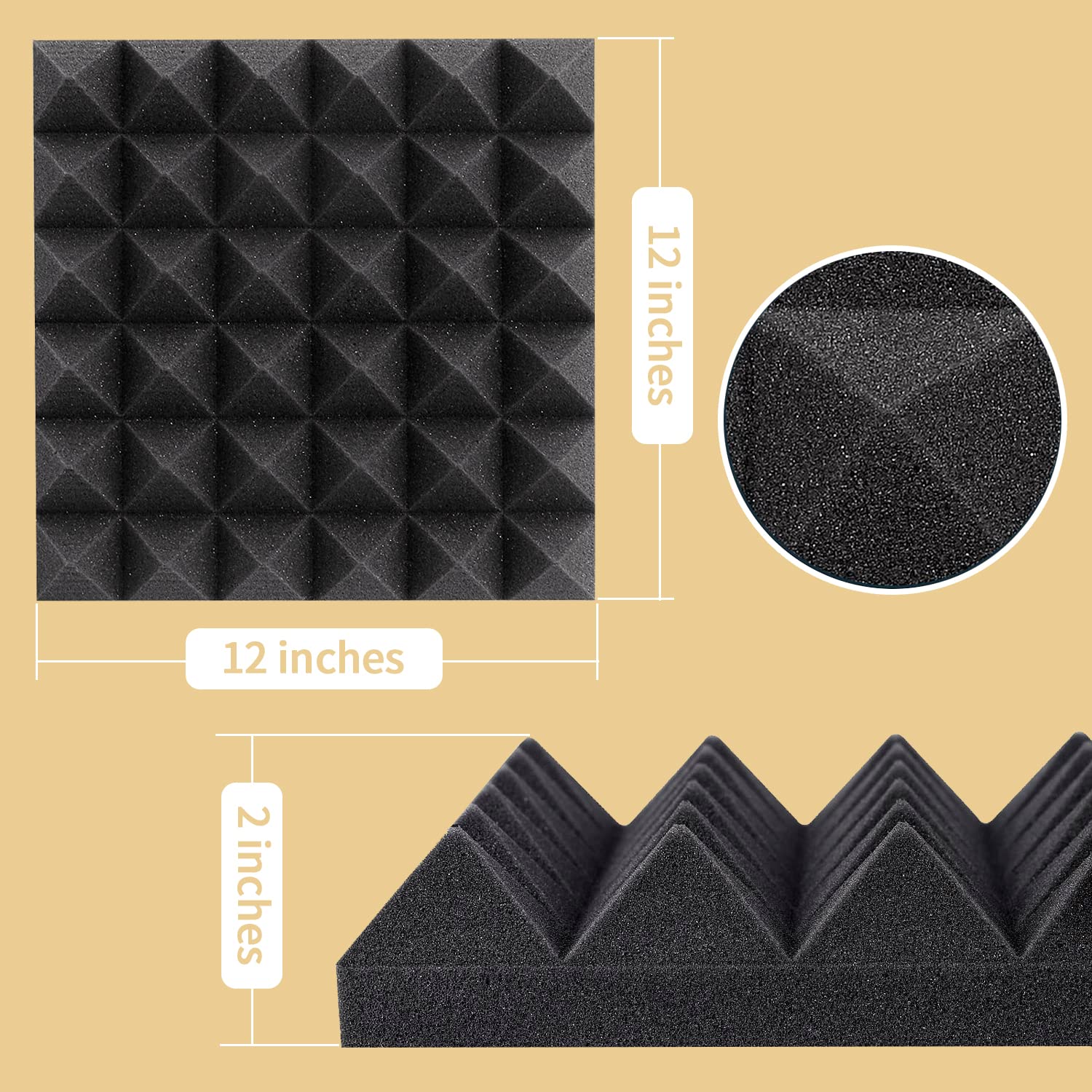 36 Pack Auslet Acoustic Panels 12 X 12 X 2 Inches, Pyramid Sound Proof Foam Panels For Wall, High Density Black Acoustic Foam Pa