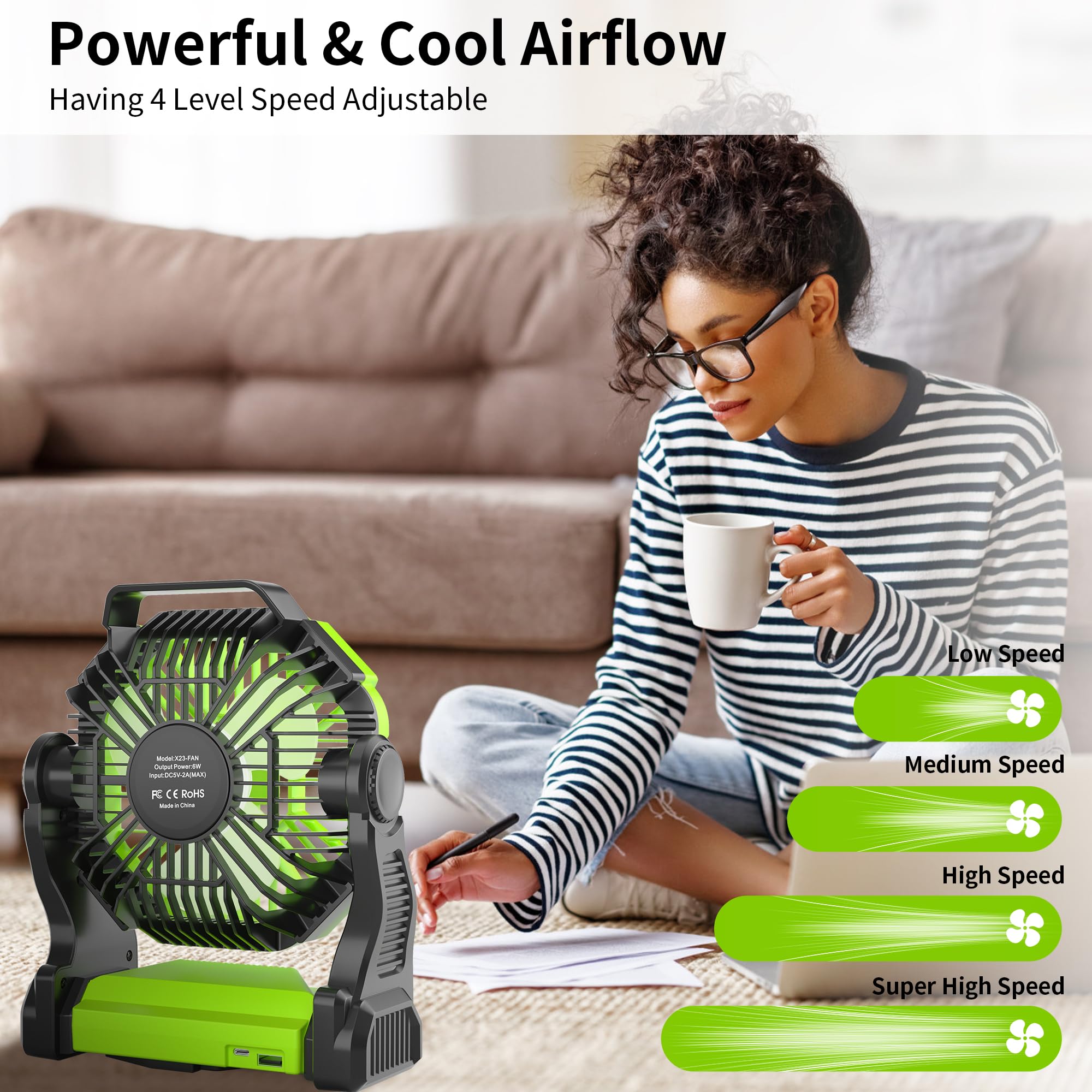Tdlol Rechargeable Battery Powered Fan, 38H Portable Fan Rechargeable Camping Fan For Tents, 10In Outdoor Travel Fan With Light,