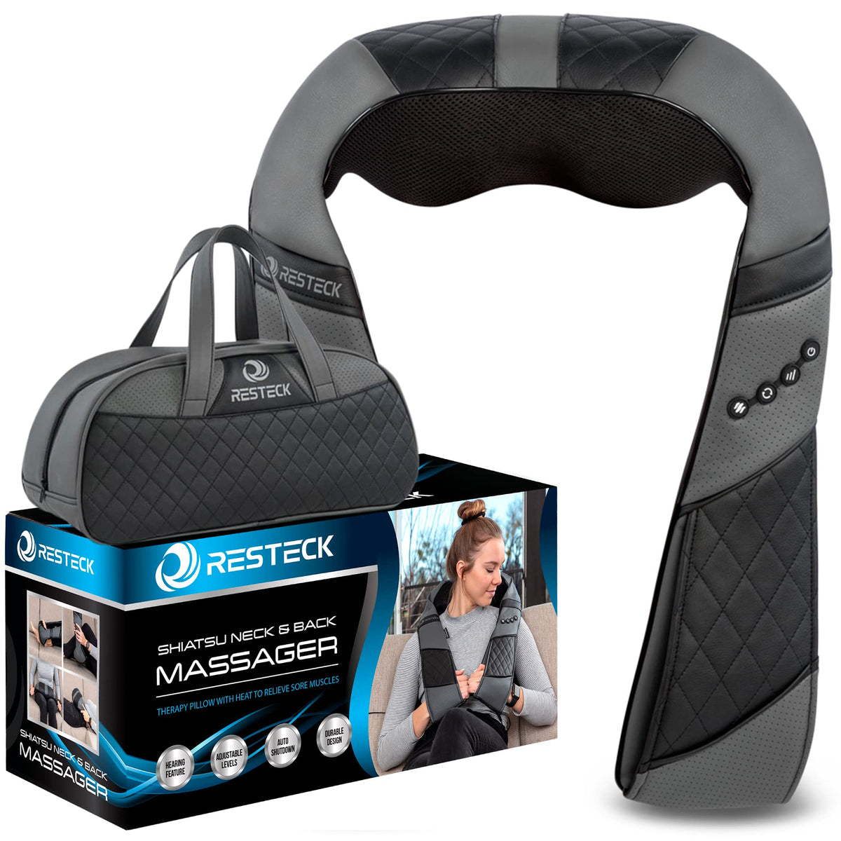 Resteck Massagers For Neck And Back With Heat - Deep Tissue 3D Kneading Pillow, Electric Shiatsu Shoulder Massage, Foot, Legs,Bo