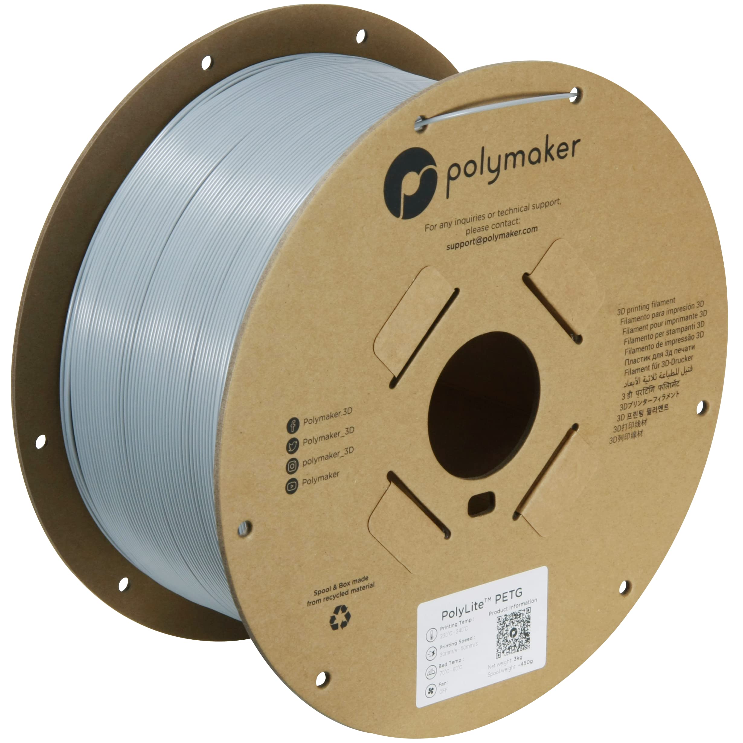 Polymaker PETG Filament 1.75mm 3kg Grey 3D Printer Filament, PolyLite PETG 3D Printing Filament 1.75mm, Dimensional Accuracy +/-