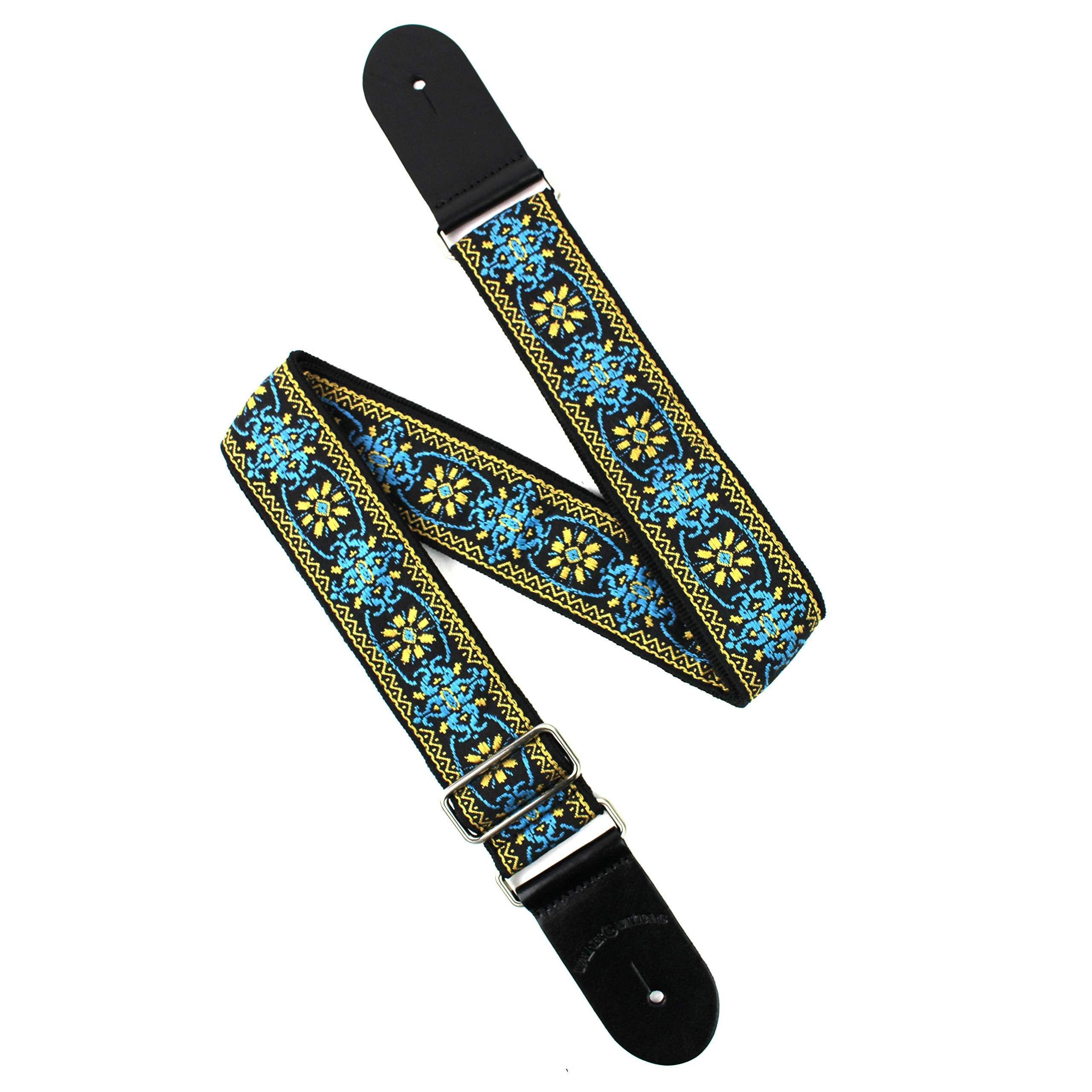 Walker & Williams H 01 Blue Woodstock Woven 60'S Style Premium Woven Guitar Strap With Thick Leather Endcaps For Acoustic, Elect