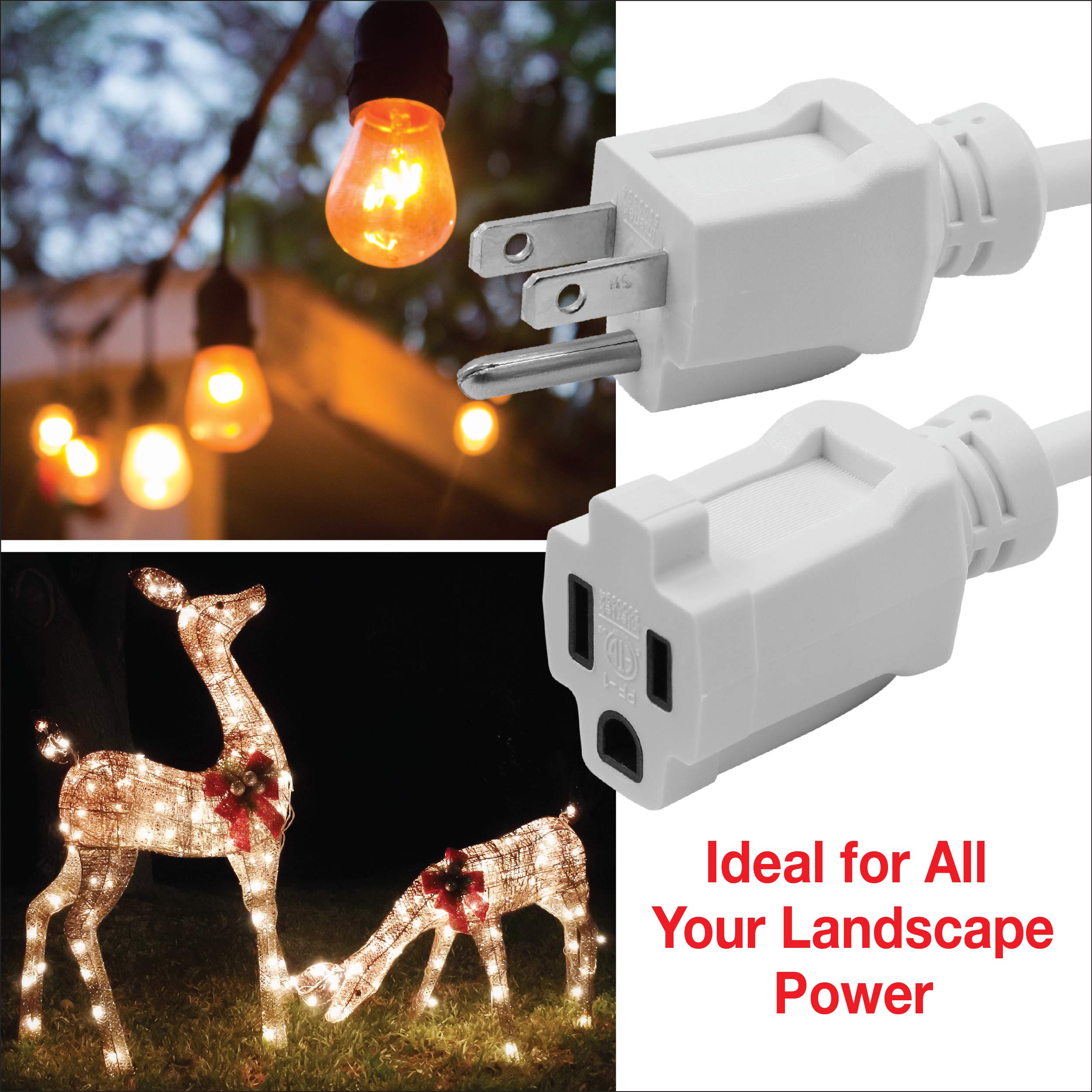 Clear Power 15 Ft (2 Pack) Indoor/Outdoor Extension Cord 16/3 Sjtw, White, Water, Weather Resistant & Flame Retardant, 3 Prong G