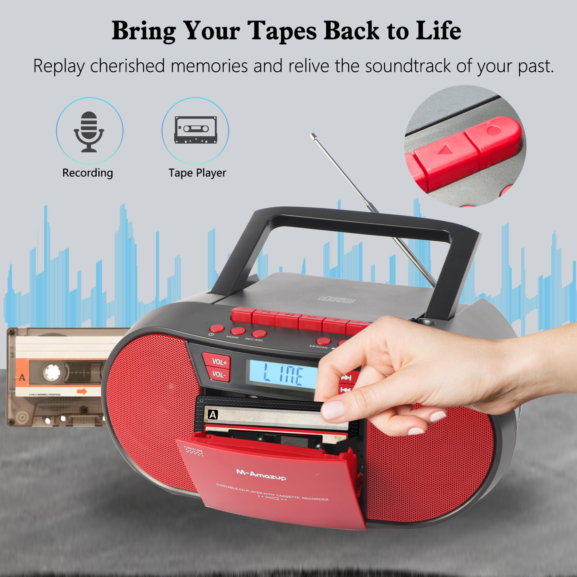 M-Amazup Boombox Cd Player Portable, Cassette Player Combo With Cd Mp3 Bluetooth Aux Tf Usb Fm Radio Ac/Dc Powered, Boom Box Wit