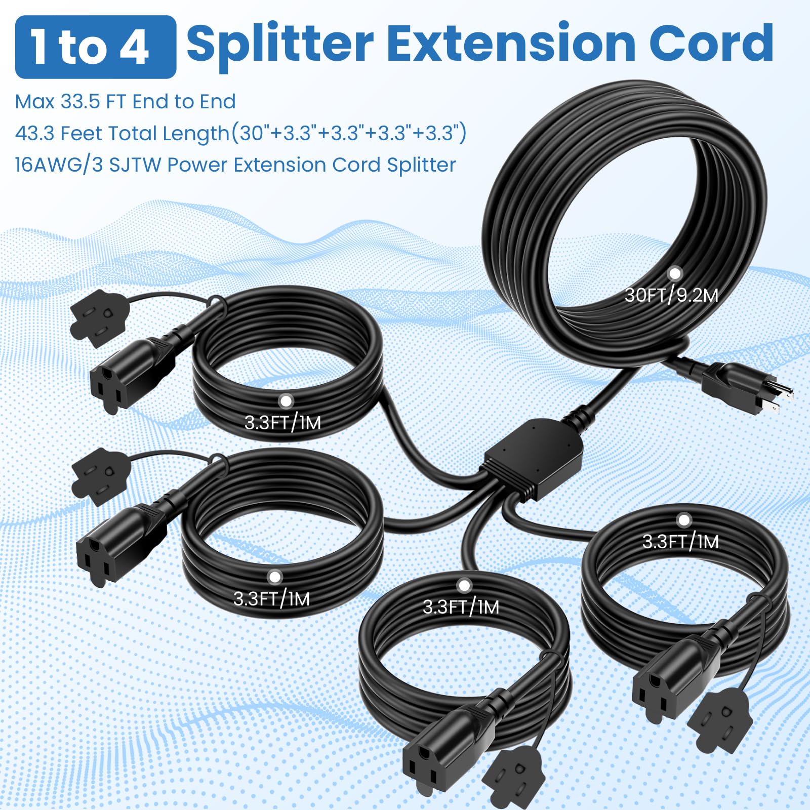 Yotiger 1 To 4 Splitter Extension Cord, Max 33.3 Ft End To End (43 Ft Total), 3 Prong Plug With 4 Extended Outlets, 16Awg/3C Sjt