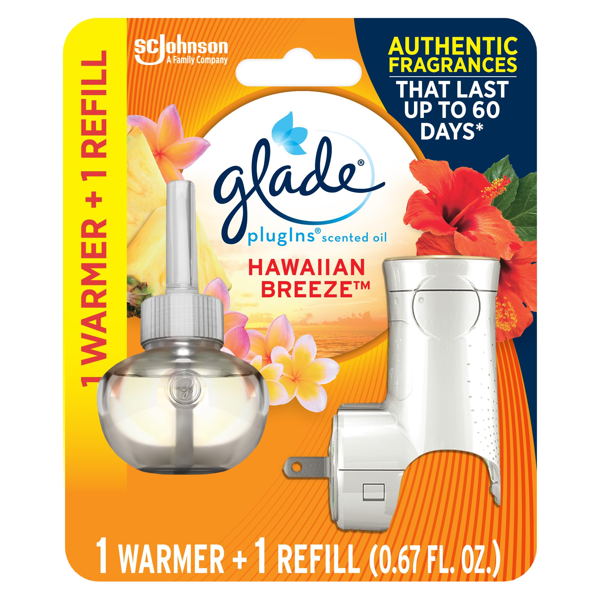 Glade Plugins Refills Air Freshener Starter Kit, Scented Oil For Home And Bathroom, Hawaiian Breeze, 0.67 Fl Oz, 1 Warmer + 1 Re