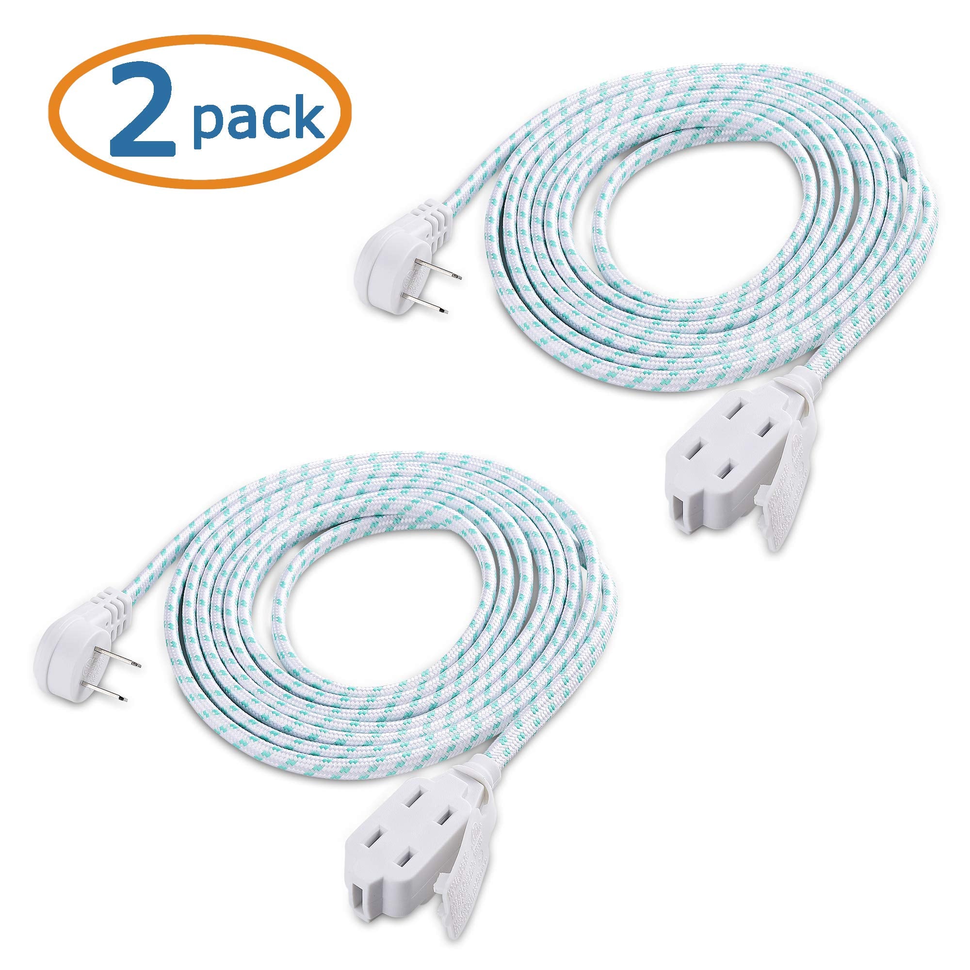Cable Matters 2 Pack Premium Braided 3 Outlet Flat Extension Cord 2 Prong 10 Ft With Low Profile Plug