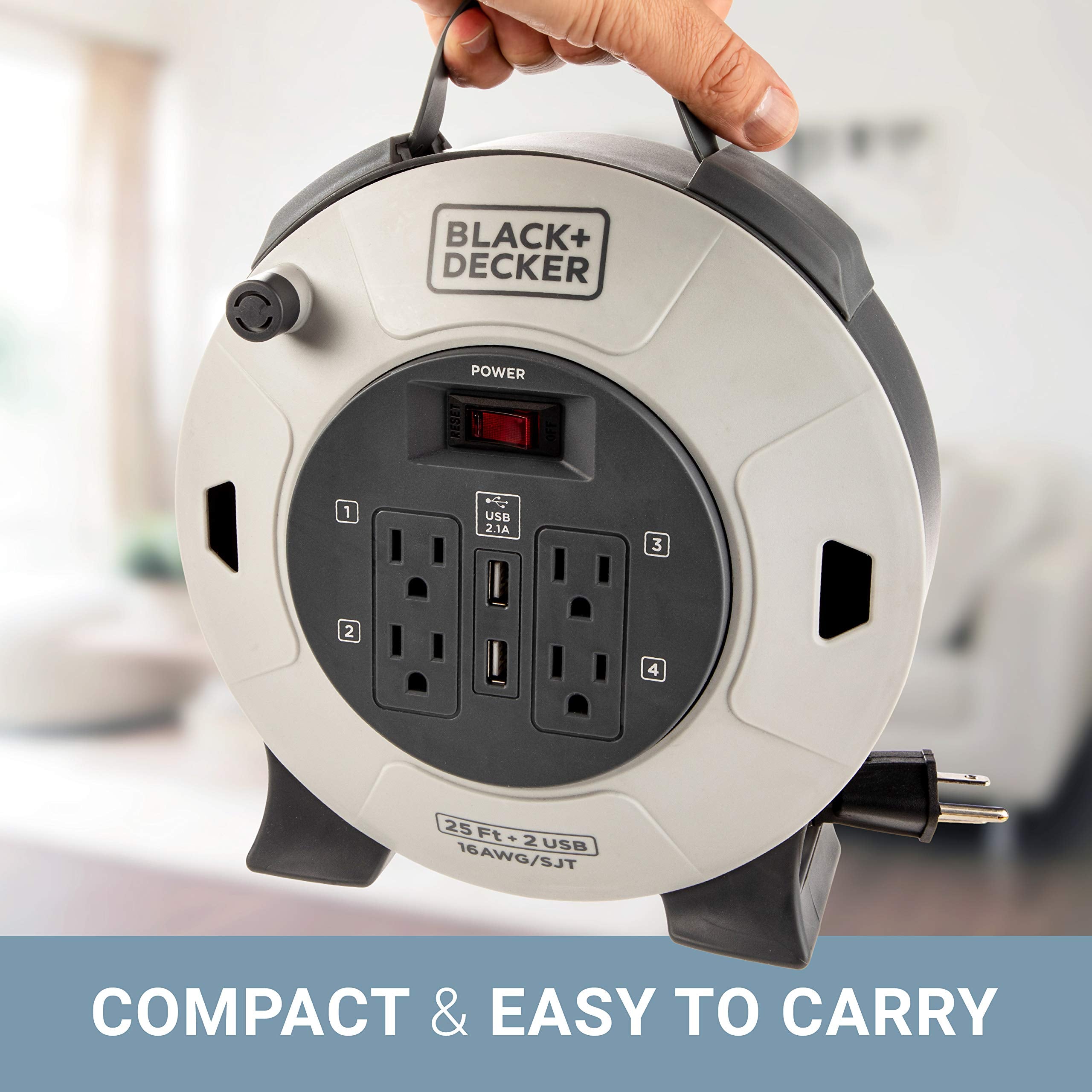 Black+Decker 25 Ft. Retractable Extension Cord Reel With 4 Outlets, 2 Usb Ports, Multi Plug Extension, On/Off Switch & Heavy Dut