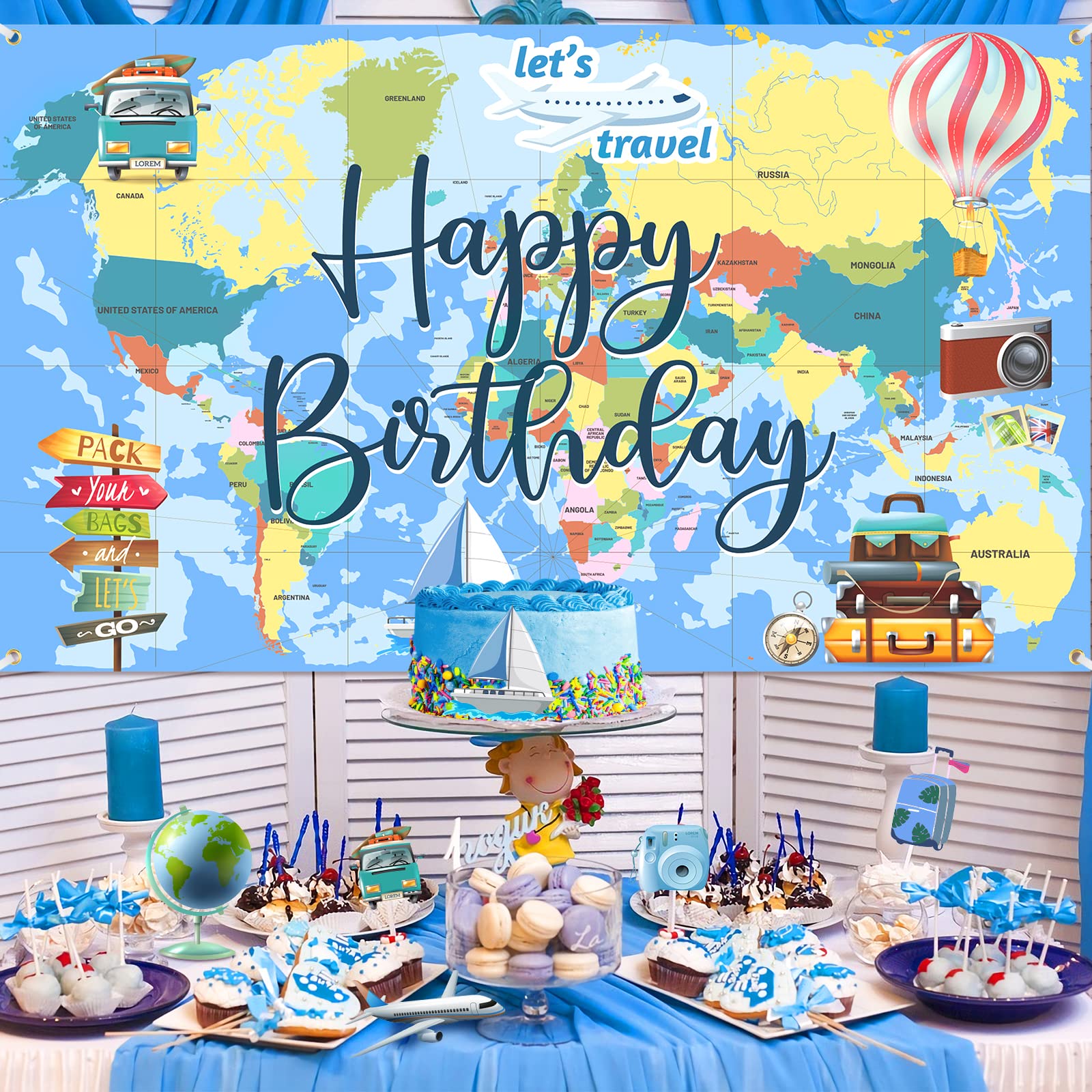 Rumia Travel Theme Birthday Banner Decorations Adventure Awaits, Includes Banner & Rope, Beige Polyester, Suitable For Birthday,