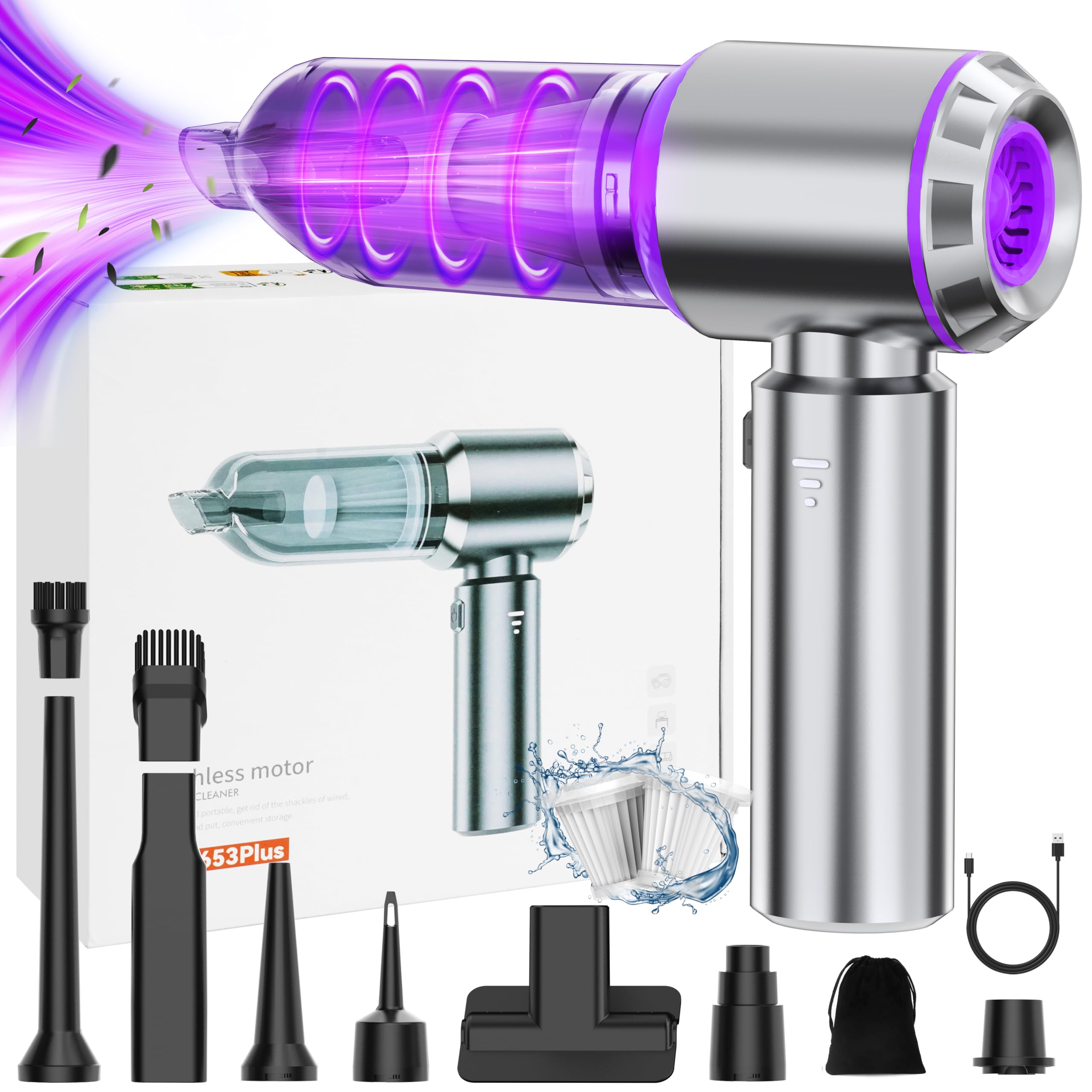 Car Vacuum Cleaner, Mini Handheld Vacuum Cordless 16000Pa 120W Powerful Brushless, Low Noise Rechargeable Mini Vacuum for Car, H