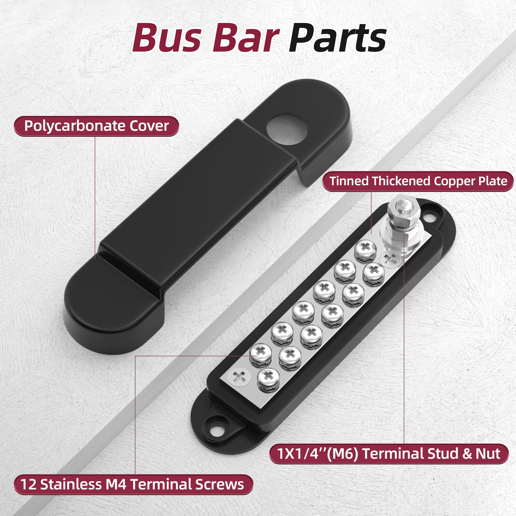 Rvboatpat Power Distribution Block 12V 150A 1/4'' Stud Marine Bus Bar 12 Volt Dc Battery Busbar For Boat Automotive Solar Wiring