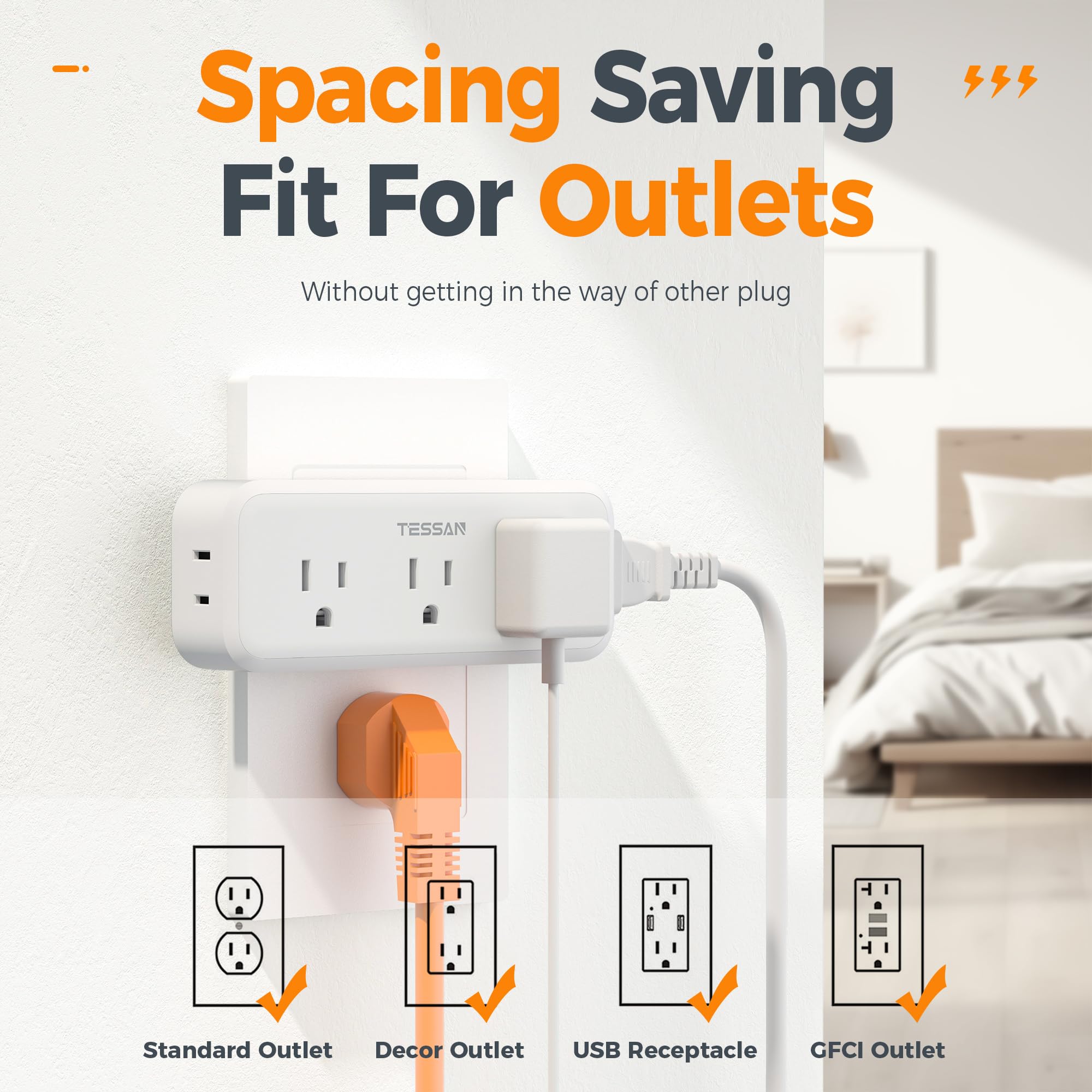 Multi Plug Outlet Splitter, Tessan Surge Protector Wall Plug Splitter With 5 Outlet Extender, 3 Sided Multiple Plug Expander For