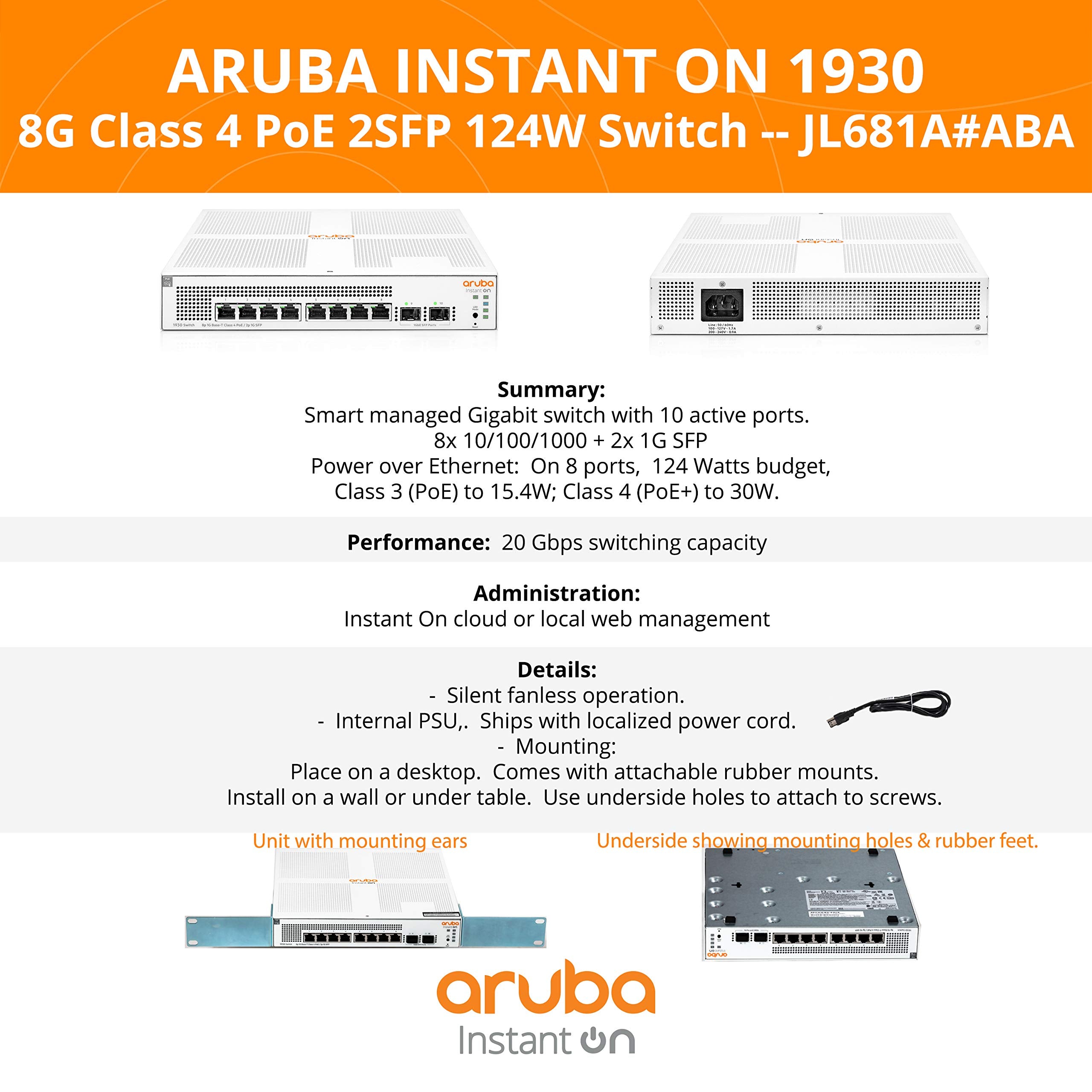 Aruba Instant On 1930 8 Port Poe Gb Ethernet 8Xge Poe (124W), 2X 1G Sfp, L2+ Smart Switch Us Cord (Jl681A#Aba)