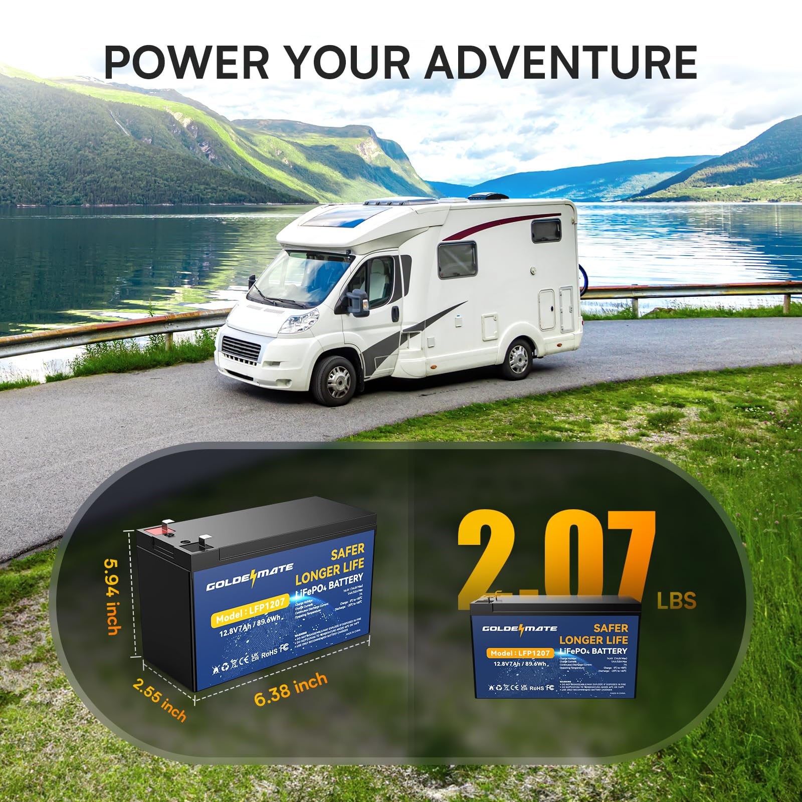 Goldenmate 12V 7Ah Lithium Lifepo4 Battery (2 Pack), 5000+ Cycles Lithium Iron Phosphate Rechargeable Battery, Built-In 15A Bms,
