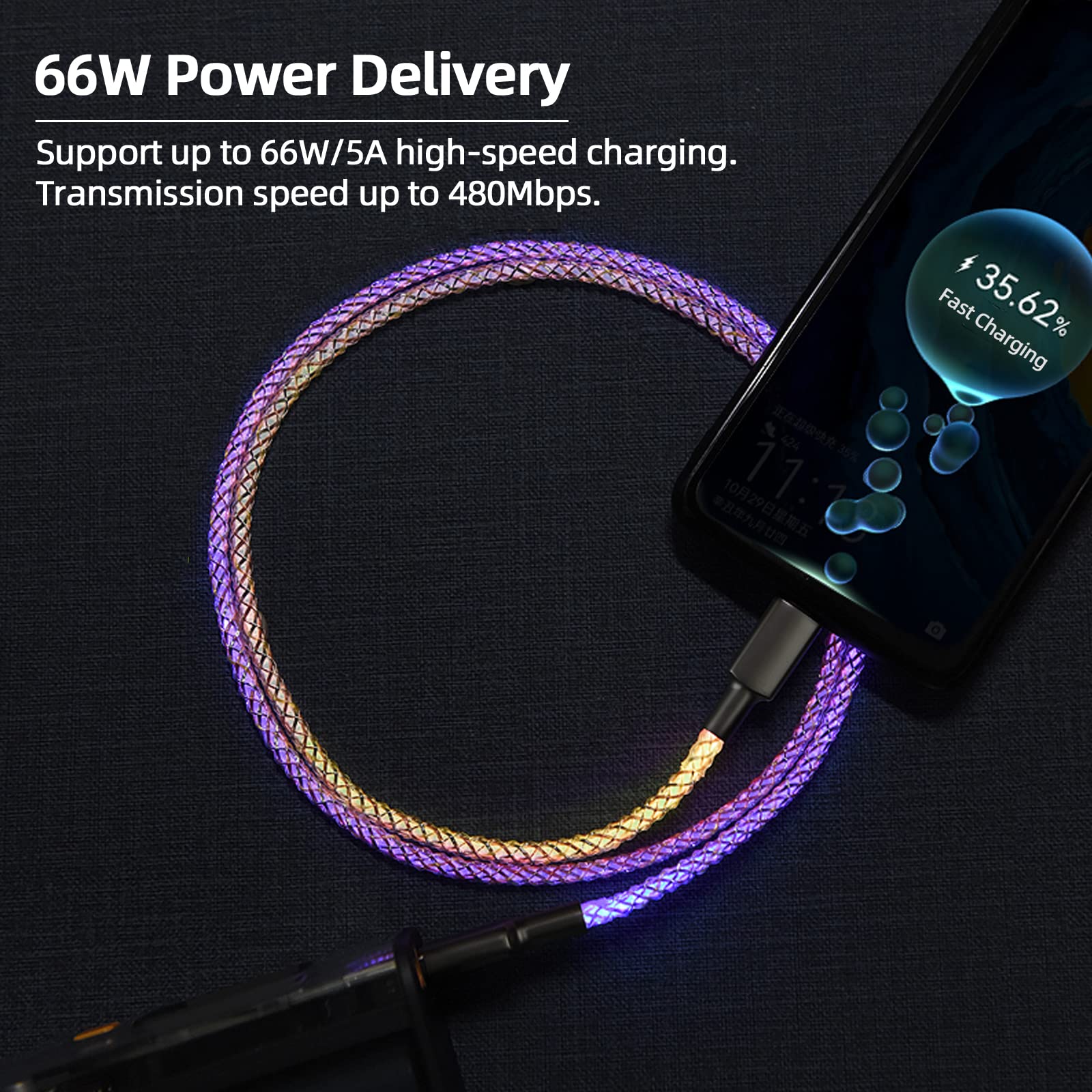 Ulikto 3.3Ft Type C Cable Led Light Up Charging Cable 7 Colors Rgb Gradual Changing Shining 66W 5A Qc3.0 Fast Charger Cord For G