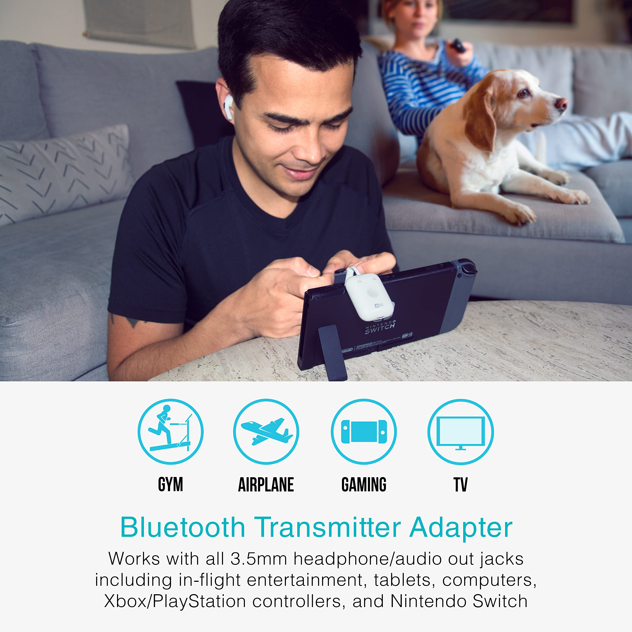 Mee Audio Connect Air In-Flight Bluetooth Wireless Audio Transmitter Adapter For Up To 2 Airpods / Other Headphones; Works With