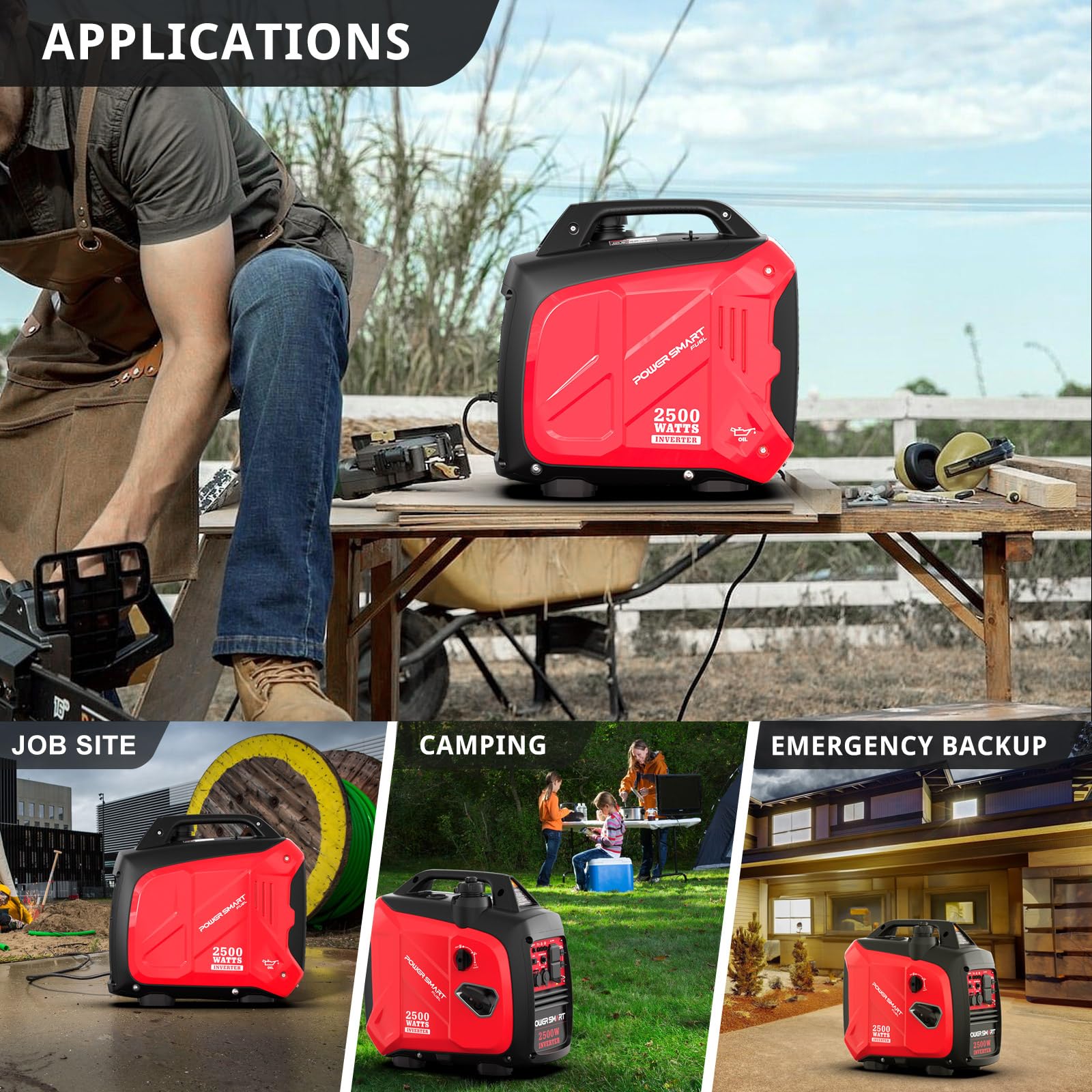 Powersmart 2500 Watt Portable Inverter Generator, Super Quiet For Camping, Tailgating, Home Emergency Use, Ultra Lightweight, Ep