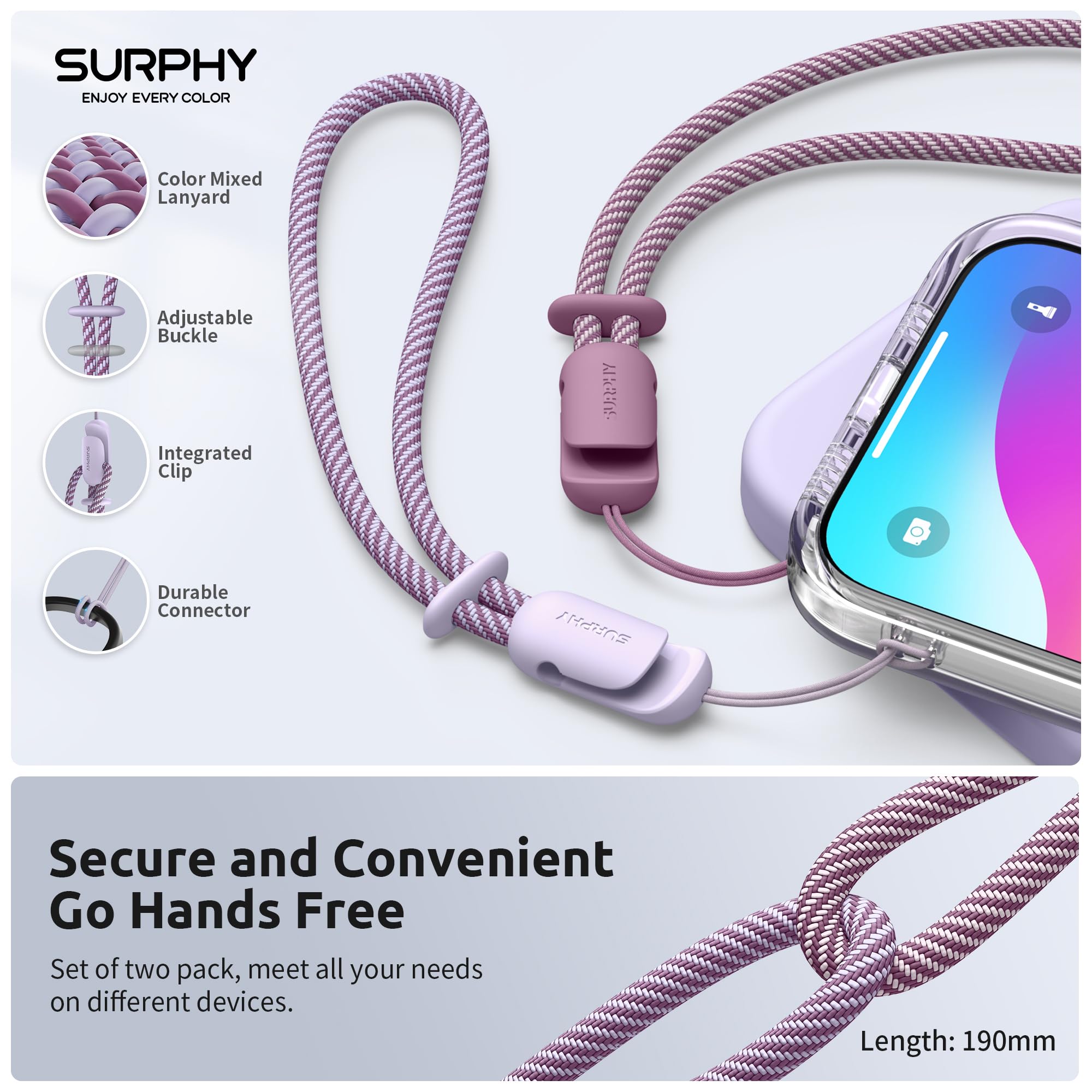 Surphy 2 Pack Lanyard, Phone Strap, Adjustable Phone Lanyard With Two Color Braided, Wrist Strap For Airpods, Camera (Lilac & Li