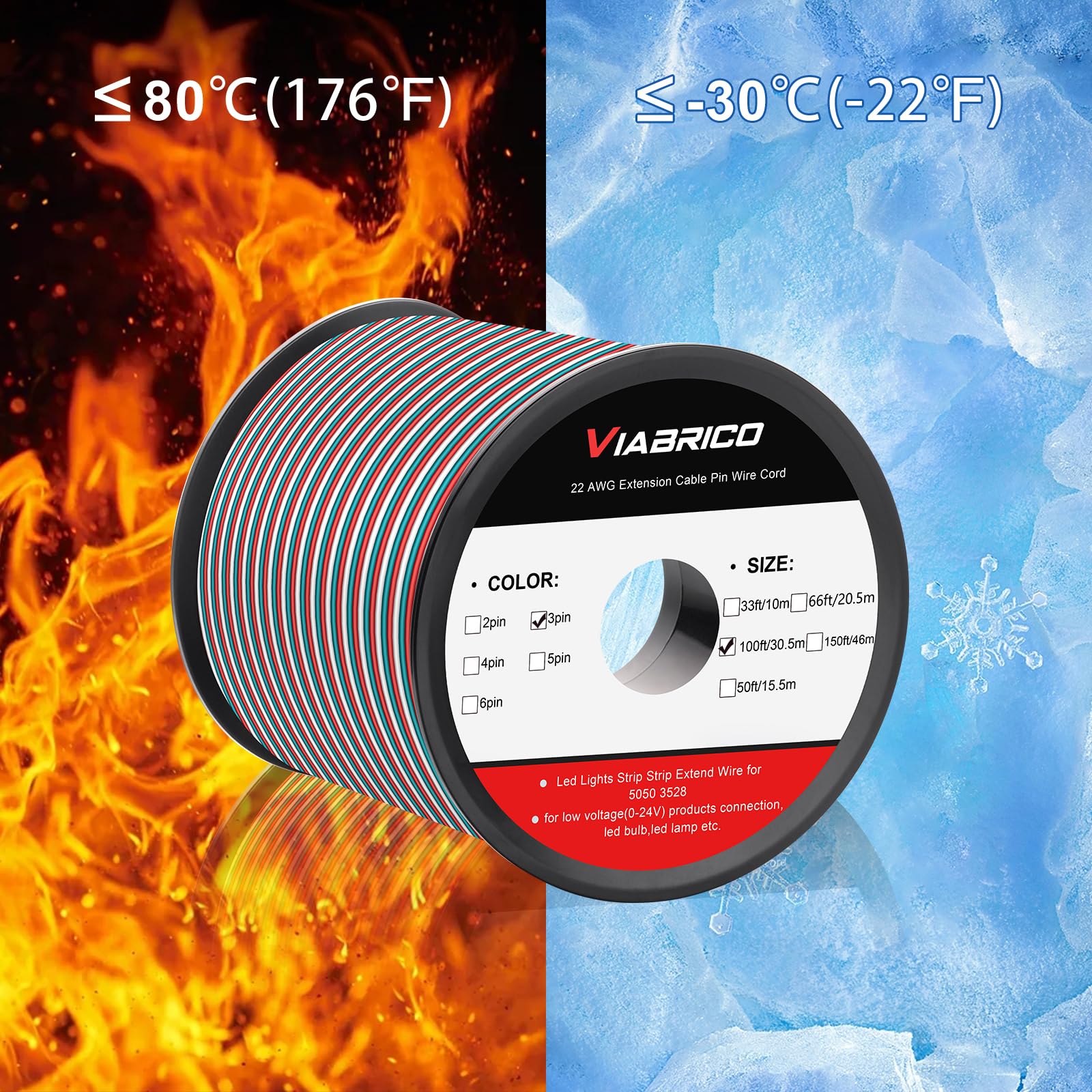 Viabrico 100Ft Extension Cable 3 Pin Wire Cord, With 10Pcs Heat Shrink Tubes, 22Awg Hookup Electrical 3 Color Wire Stranded Tinn