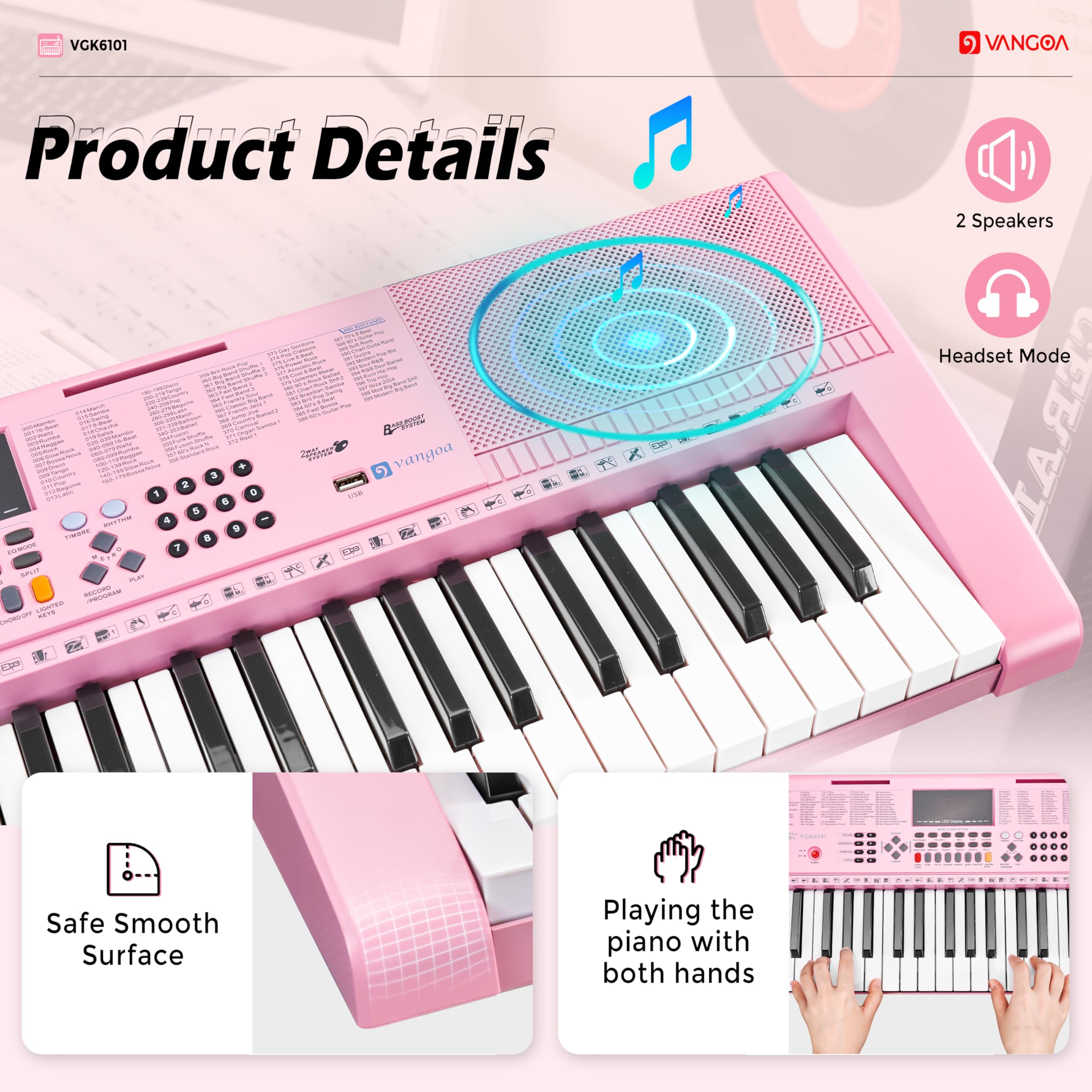 Vangoa Pink Piano Keyboard 61 Key, Electric Keyboard Kit Portable Music Keyboard For Kids Students With Microphone, 600 Tones, 4