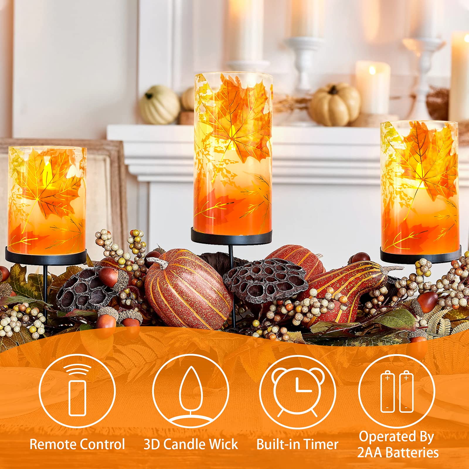 Petristrike Fall Flameless Candles, Autumn Maple Leaf Led Candles With Remote & Timer, Realistic Flickering Real Wax Candles For