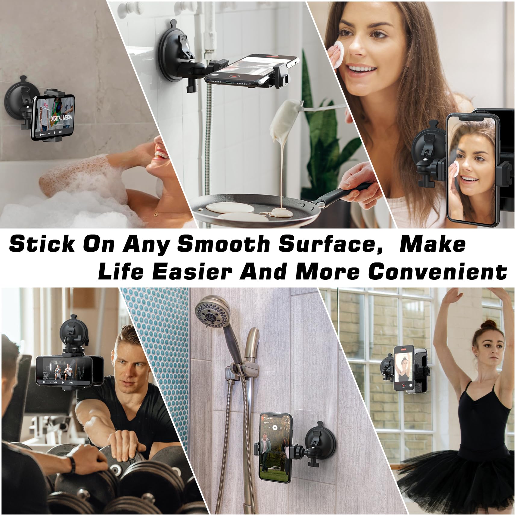 Hztint Shower Mirror Phone Holder, Suction Cup Mirror Phone Mount For Shower Mirror Bathroom Glass Kitchen Tile, Tiktok Youtube