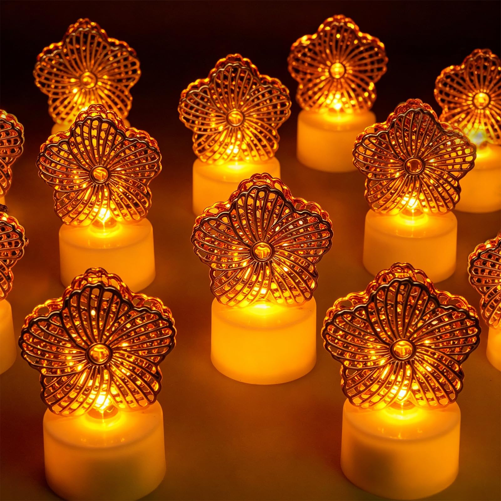 HAIDOLIANG 6PCS Flower Tea Lights Candles(Ironwork), LED Flameless Candles Battery Operated for Holiday Gifts, Led MINI Electric