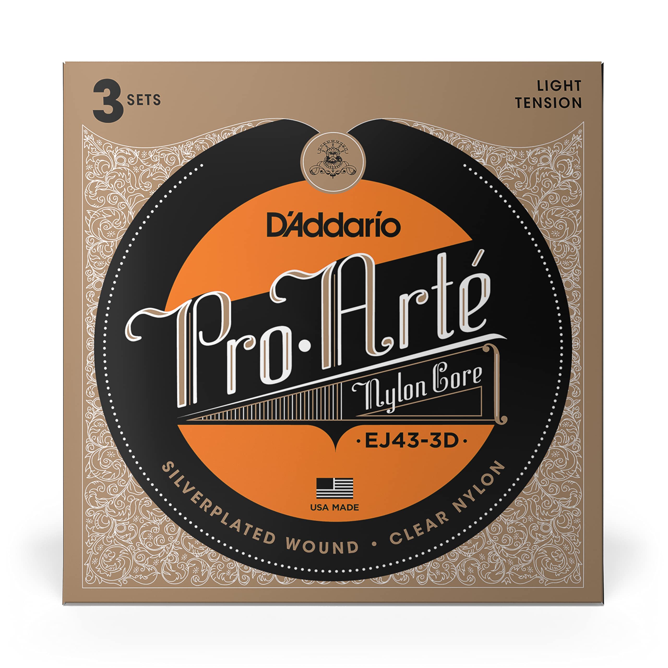 D'Addario Guitar Strings   Pro Arte Classical Guitar Strings   Ej43 3D   Nylon Guitar Strings   Silver Plated Wound, Nylon Core
