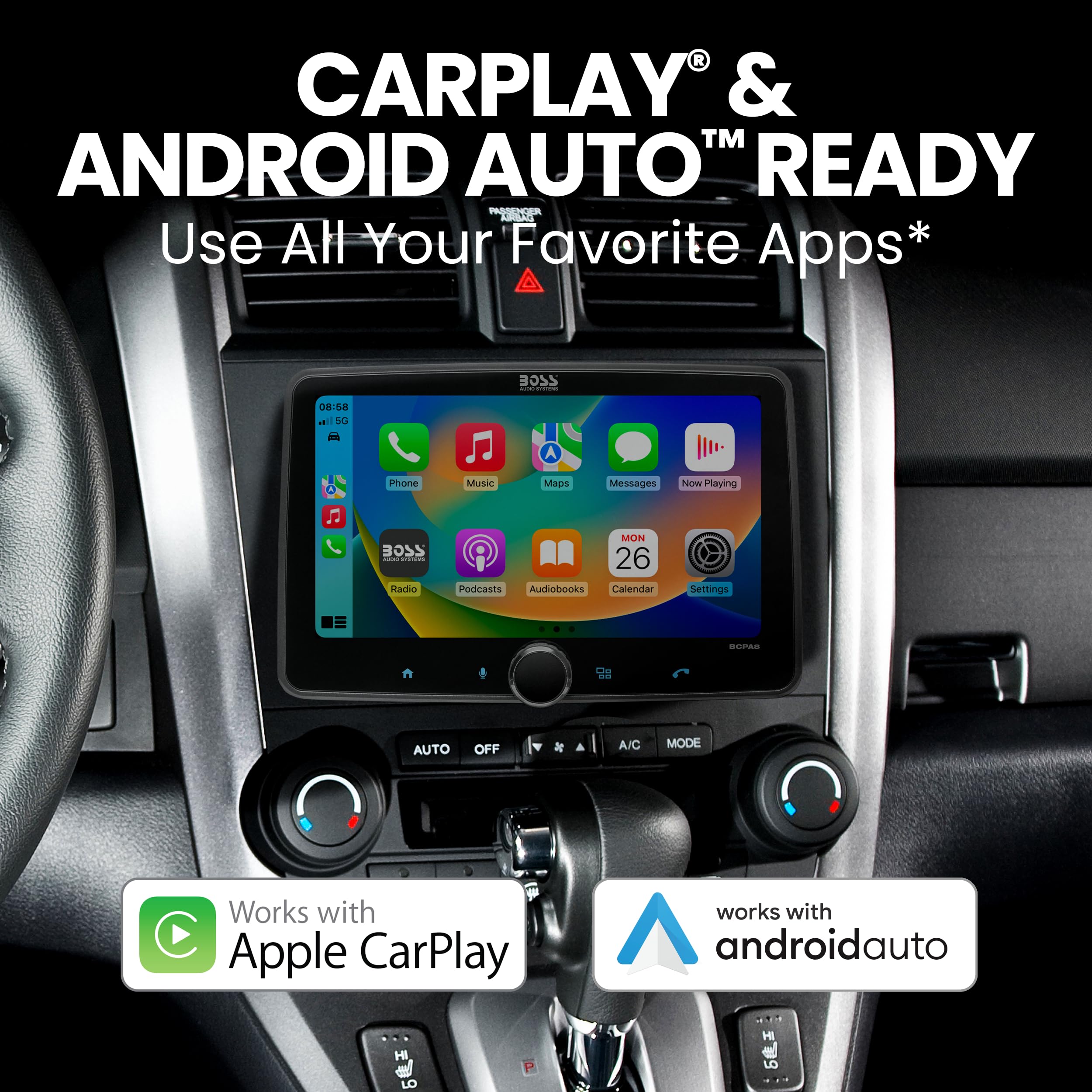 Boss Audio Systems Bcpa8 Car Stereo   Apple Carplay, Android Auto, Single Din, 8 Inch Touchscreen, Bluetooth, No Cd Dvd Player,