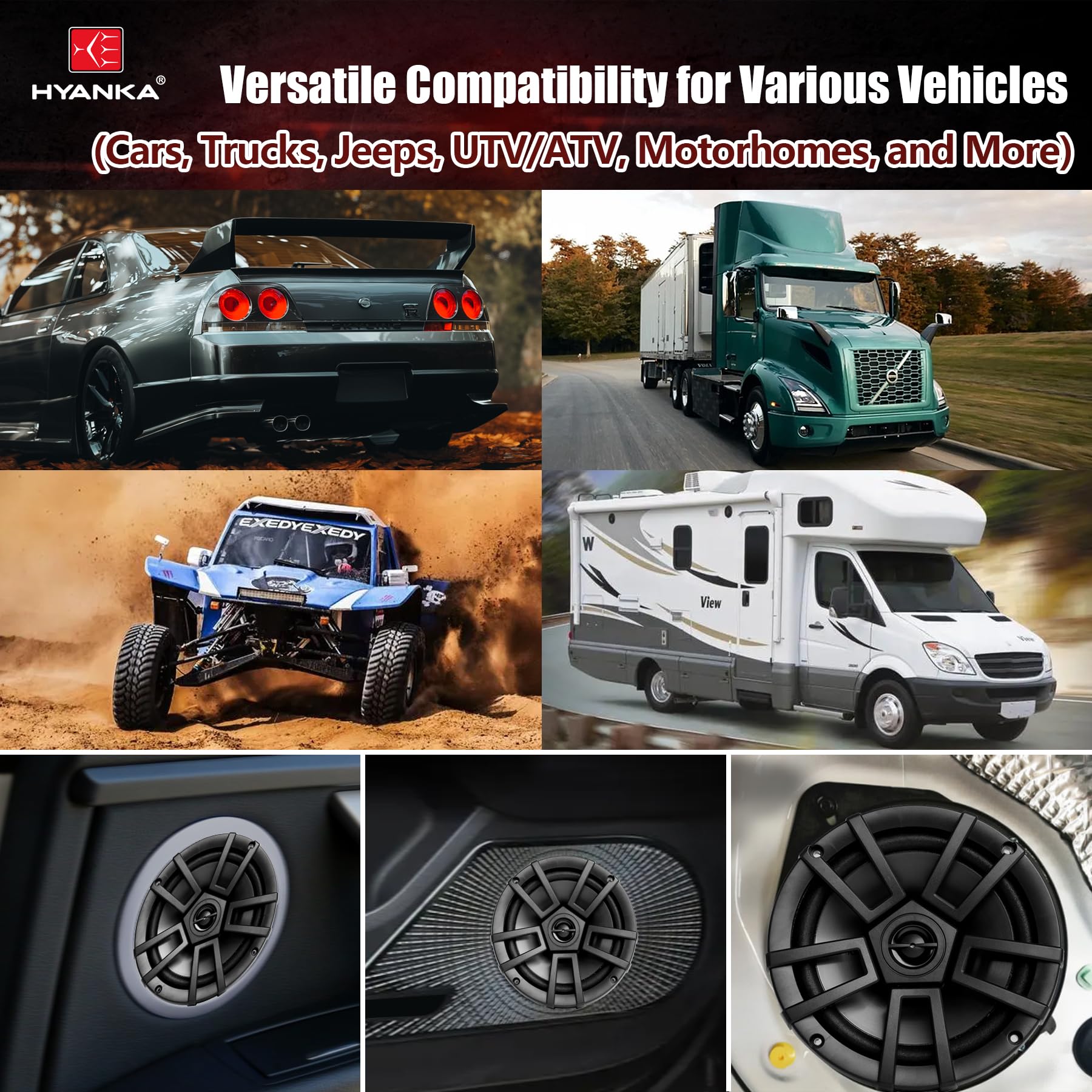 H Yanka 6.5 Door Speakers, Full Range Stereo, 500 Watts, 2 Way Coaxial 6.5 Inch Car Speakers, Delivering Clear Stereo Sound With