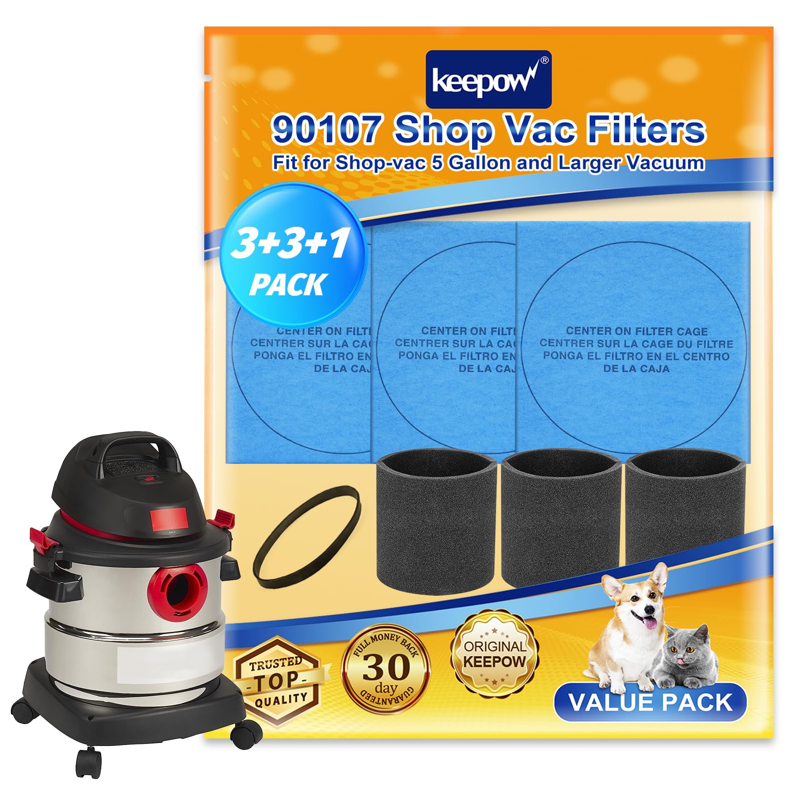 Keepow Vf2002 Reusable Dry Vac Filters For Most Shop Vac Macs 200D Ss11 450, Vacmaster Vacuum Cleaners, Part# 9010700, 9013700 (