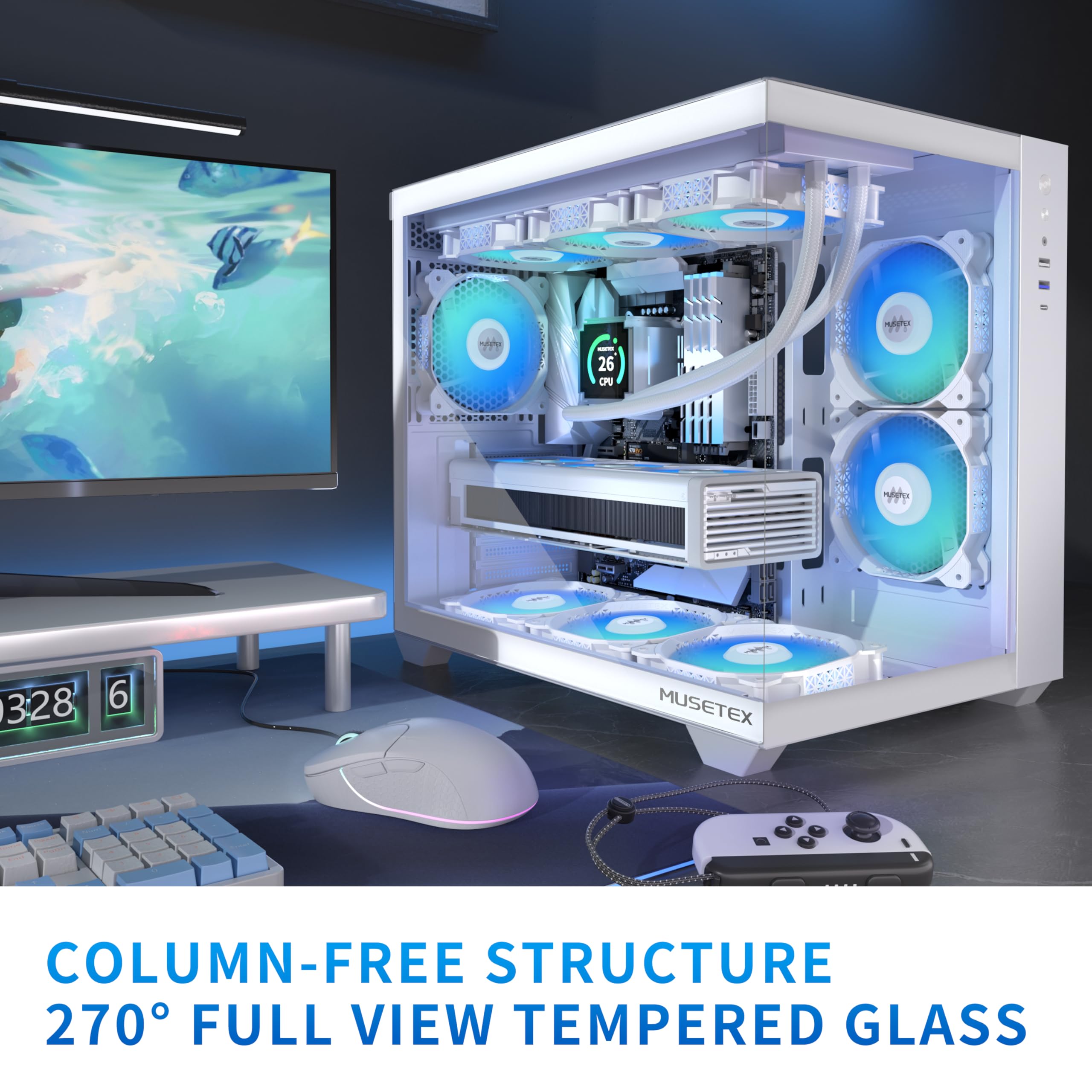 MUSETEX Y6 ATX Mid Tower PC Case - 6 PWM ARGB Fans, 360MM RAD Support, Tempered Glass, White, 16.54"D x 11.61