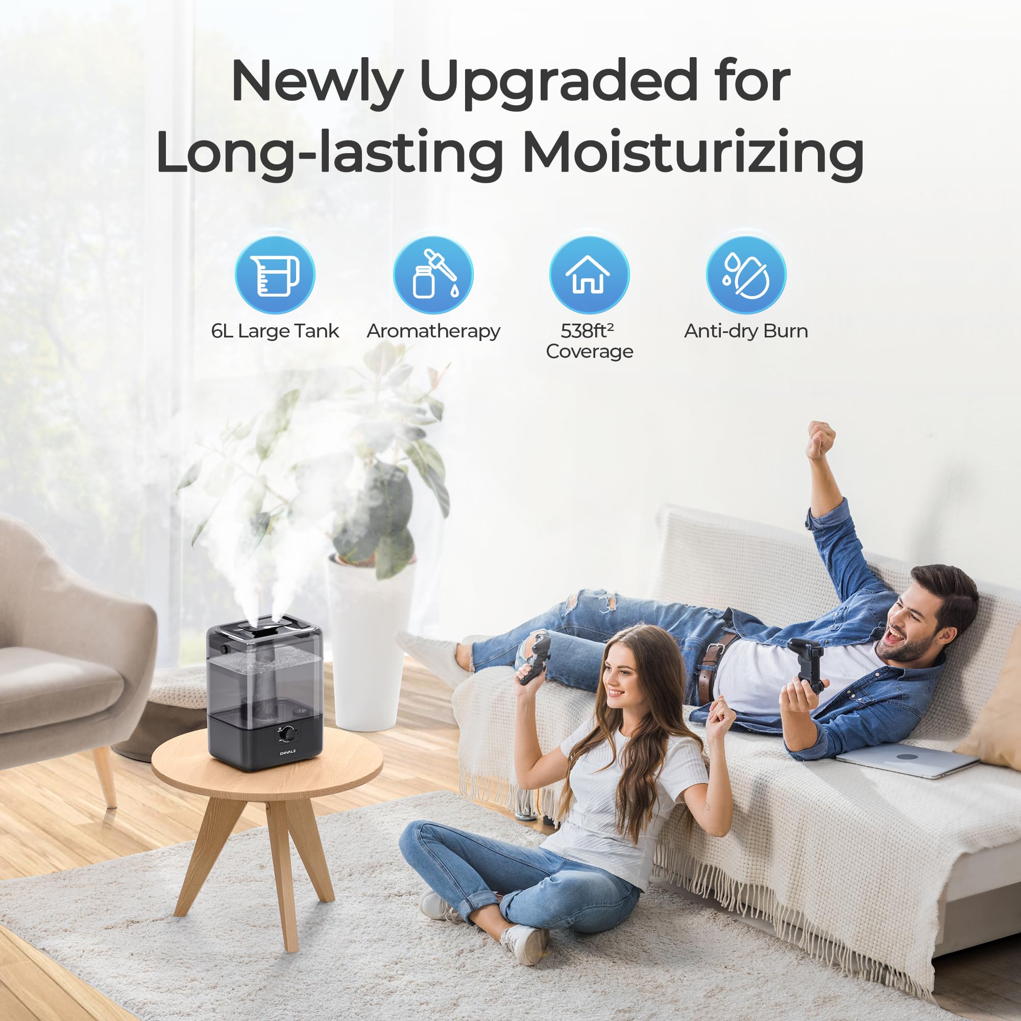 6L Humidifiers For Bedroom Large Room Home, Chivalz Cool Mist Top Fill Humidifiers For Baby Nursery And Plants, 26Db Quiet, Nigh