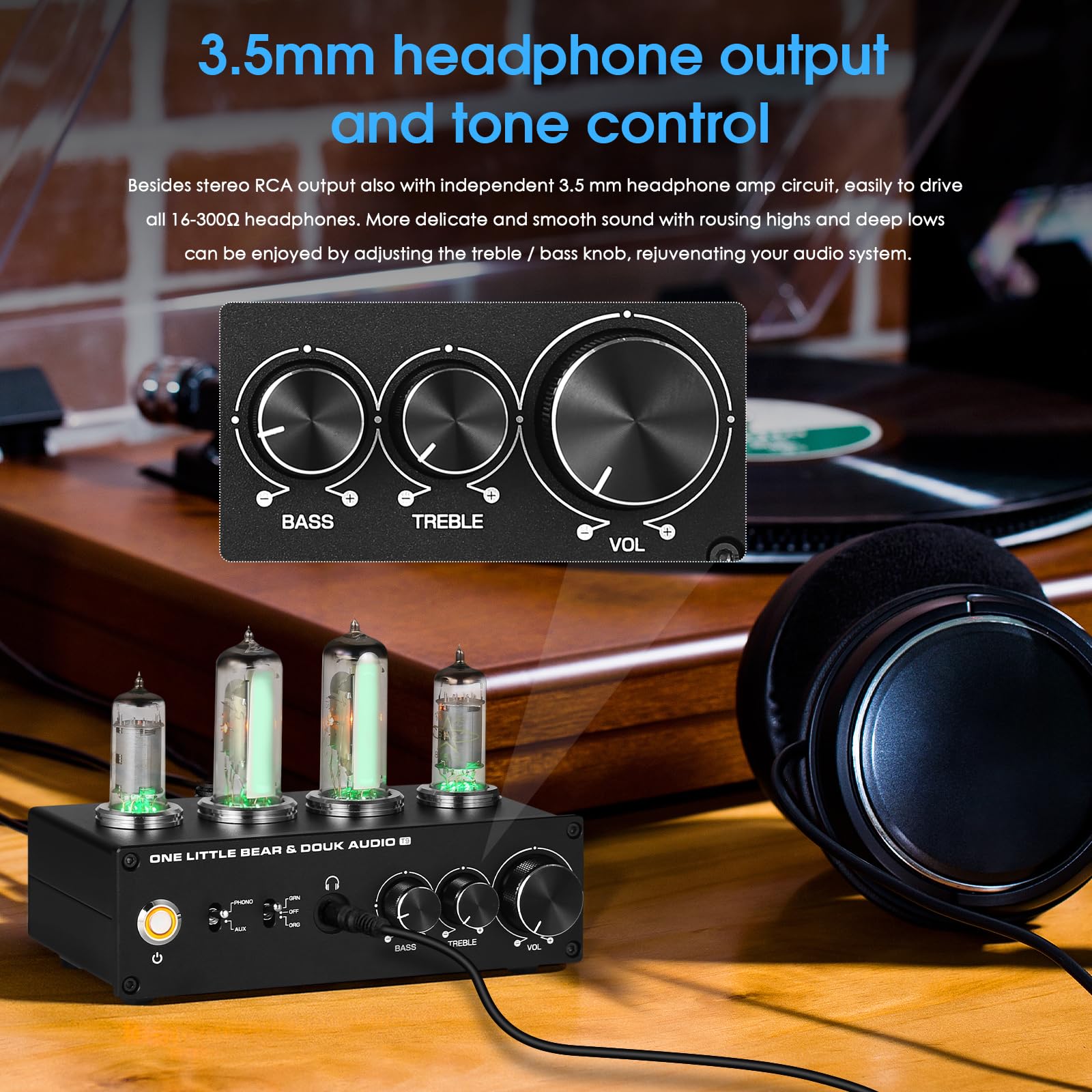 Douk Audio T9 Vacuum Tube Phono Preamp Stereo Turntable Preamplifier With Headphone Output And Treble Bass Control For Mm/Mc Rec