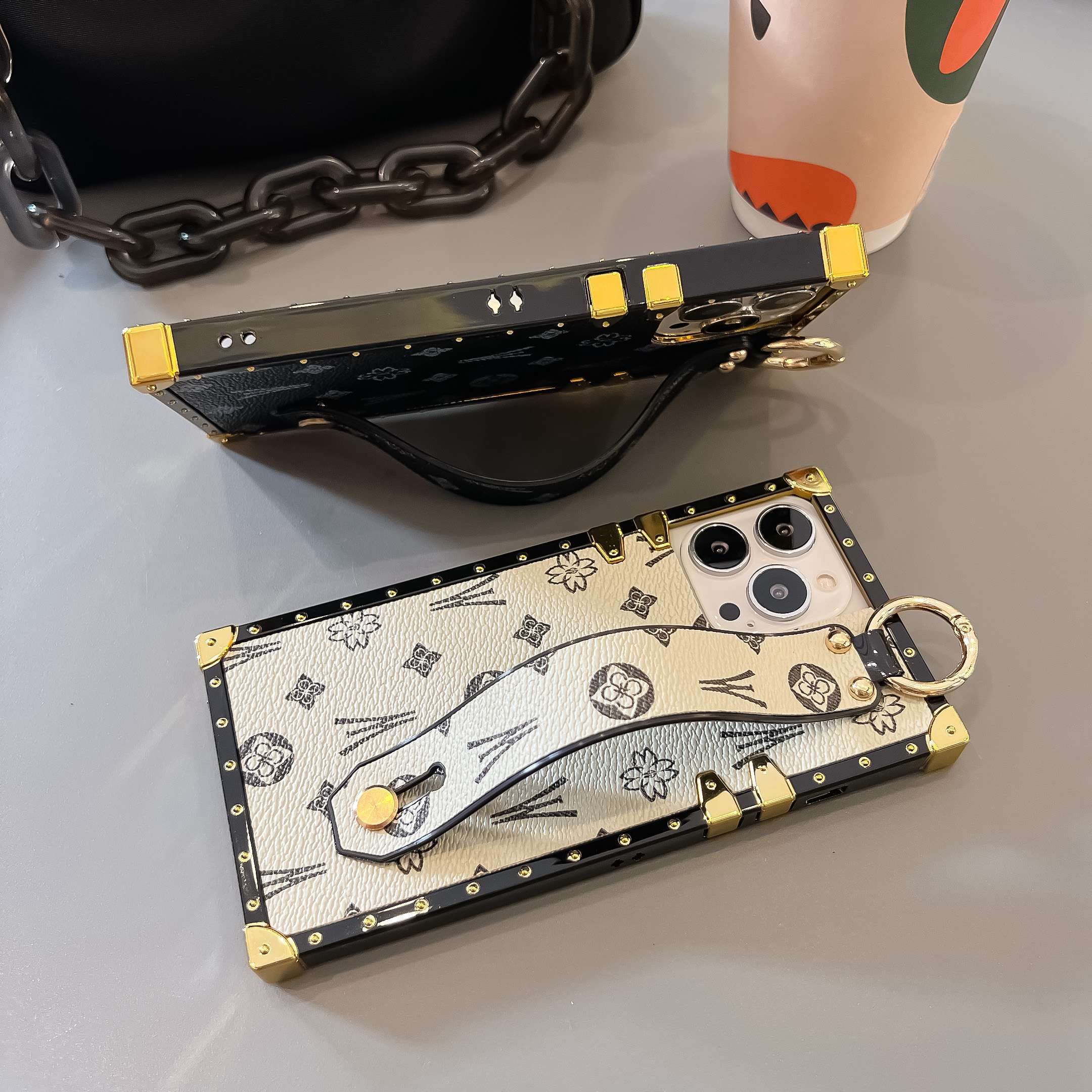 Trodino Square Leather Iphone 13 Pro Max Case With Wristband Strap, Luxury Designer Trunk Box Phone Case For Women Girls, Hand H