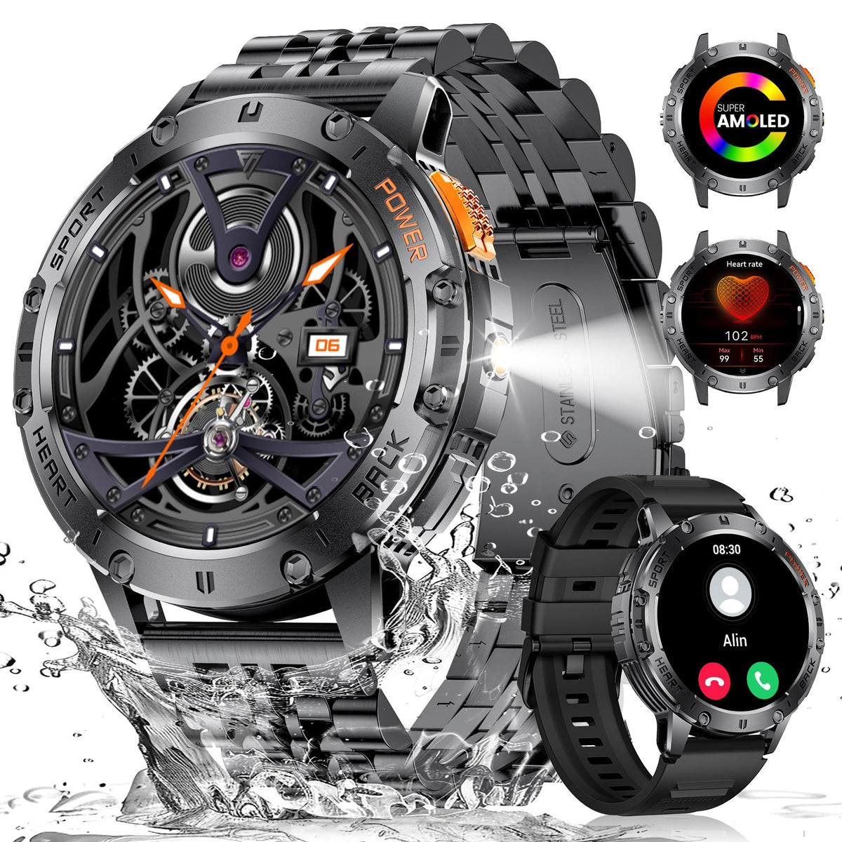 Esfoe Smart Watch For Men(3 Straps),1,43 ' ' Amoled Military Smart Watch For Men With Led Flashlight/530Mah Large Battery/5Atm W