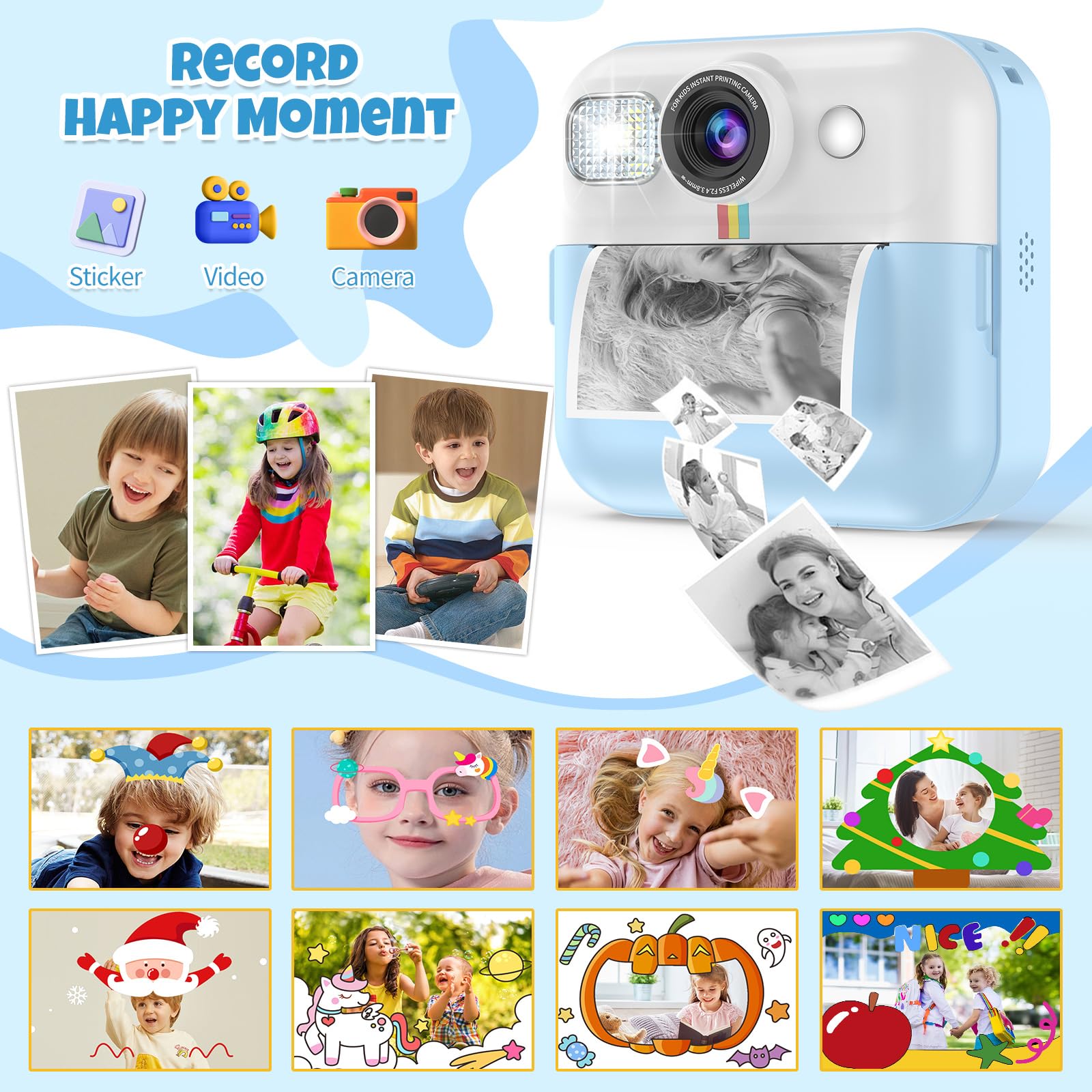 Kid Camera For Boys,Portable Toddler Blue Printing Camera Toy 1080P Video Cameras Children Instant Print Camera For Kids 3 Print