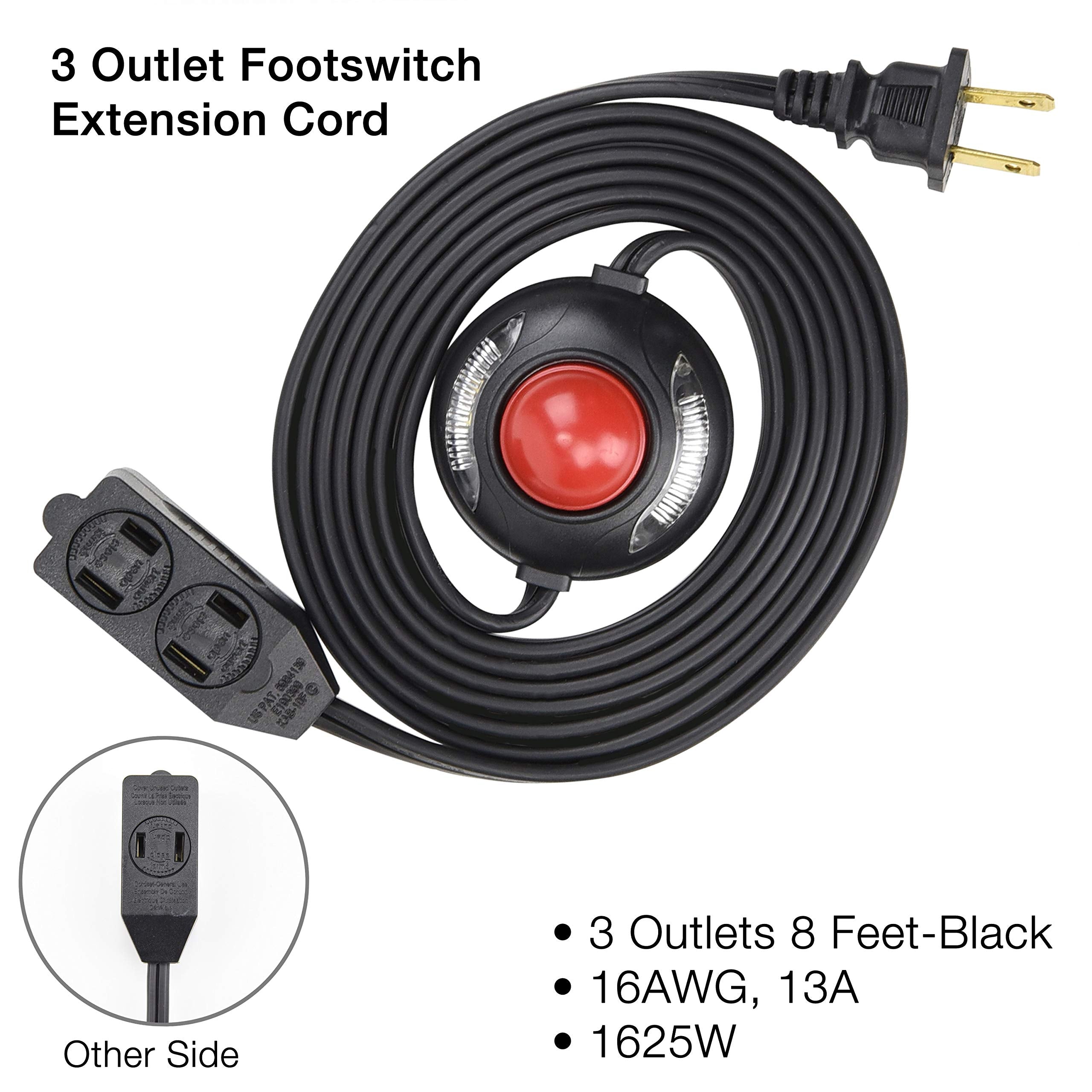 3 Outlet Extension Cord With Hand/Foot Switch And Light Indicator With Safety Twist Lock, 16/2, Black, Ul Listed (3 Pack)