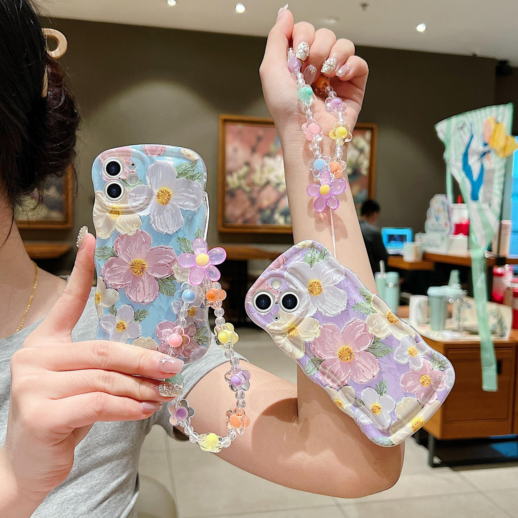 For Iphone 13 Mini Curly Wavy Case, Cute Colorful Retro Oil Painting Flower Glossy Pattern [With Bead Chain], Slim Fit Shockproo
