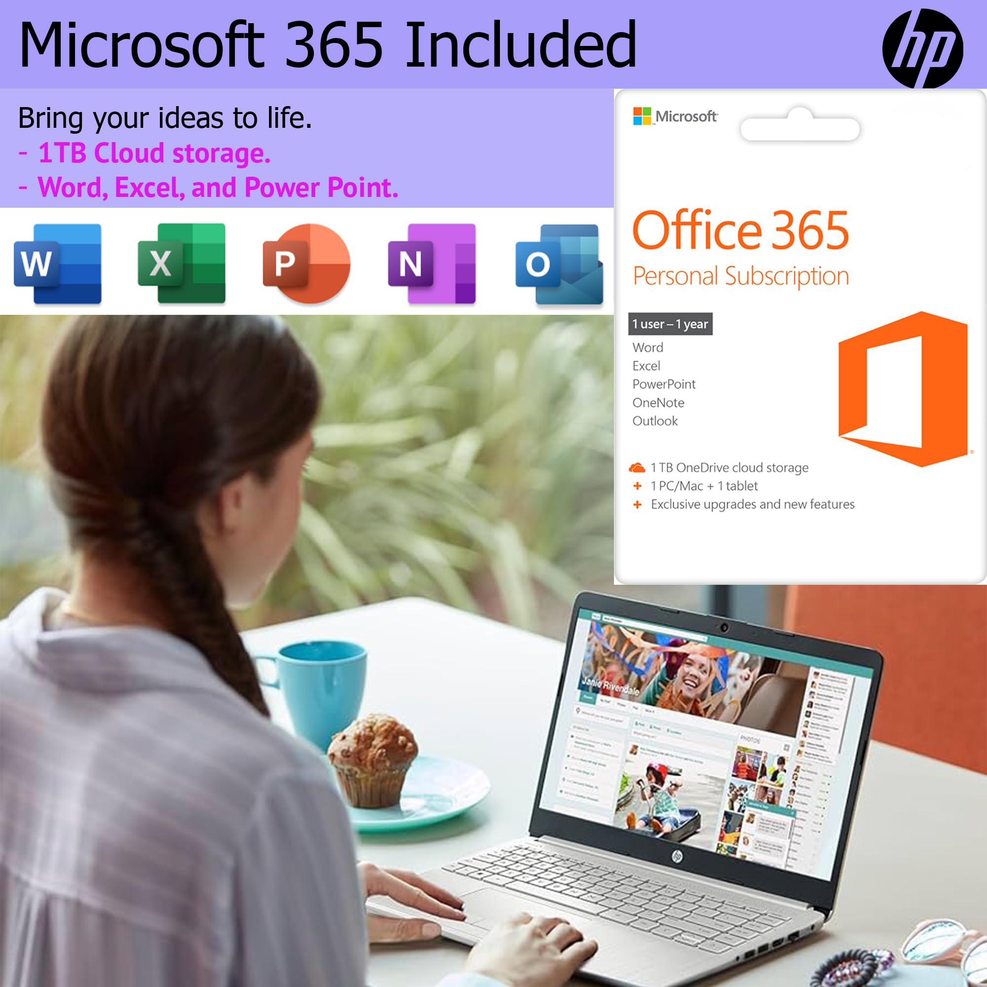 Hp Laptop With 1-Year Microsoft 365 & Wireless Buds| 15.6 Inch Hd Display| Intel Quad-Core Processor| 16Gb Ram, 128Gb Ssd With 1