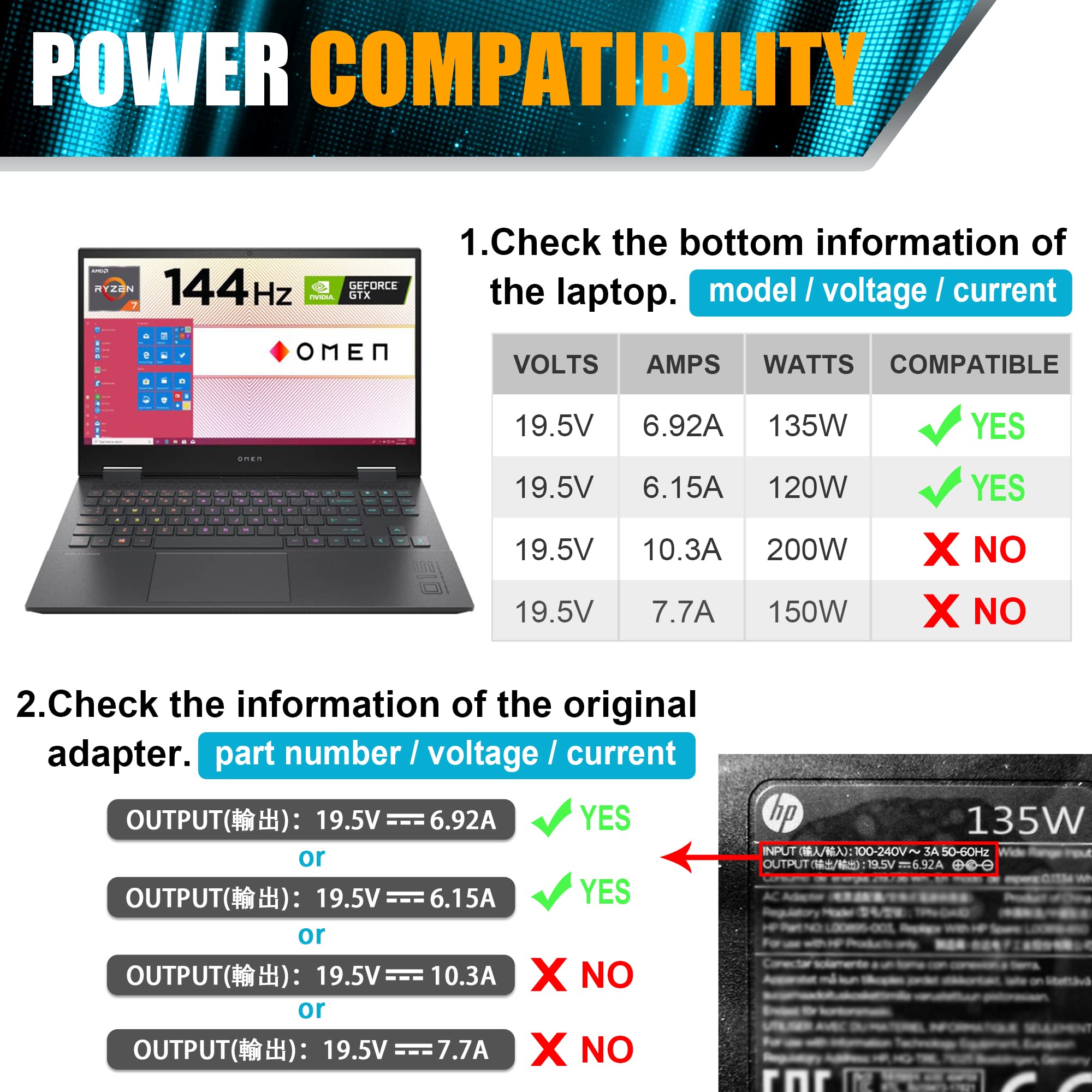 135W 19.5V 6.9A Ac Adapter Laptop Charger Compatible With Hp Spectre X360 15T Df100 Cto,Hp Pavilion Gaming 15 17 Ec0013Dx 15 Ec0