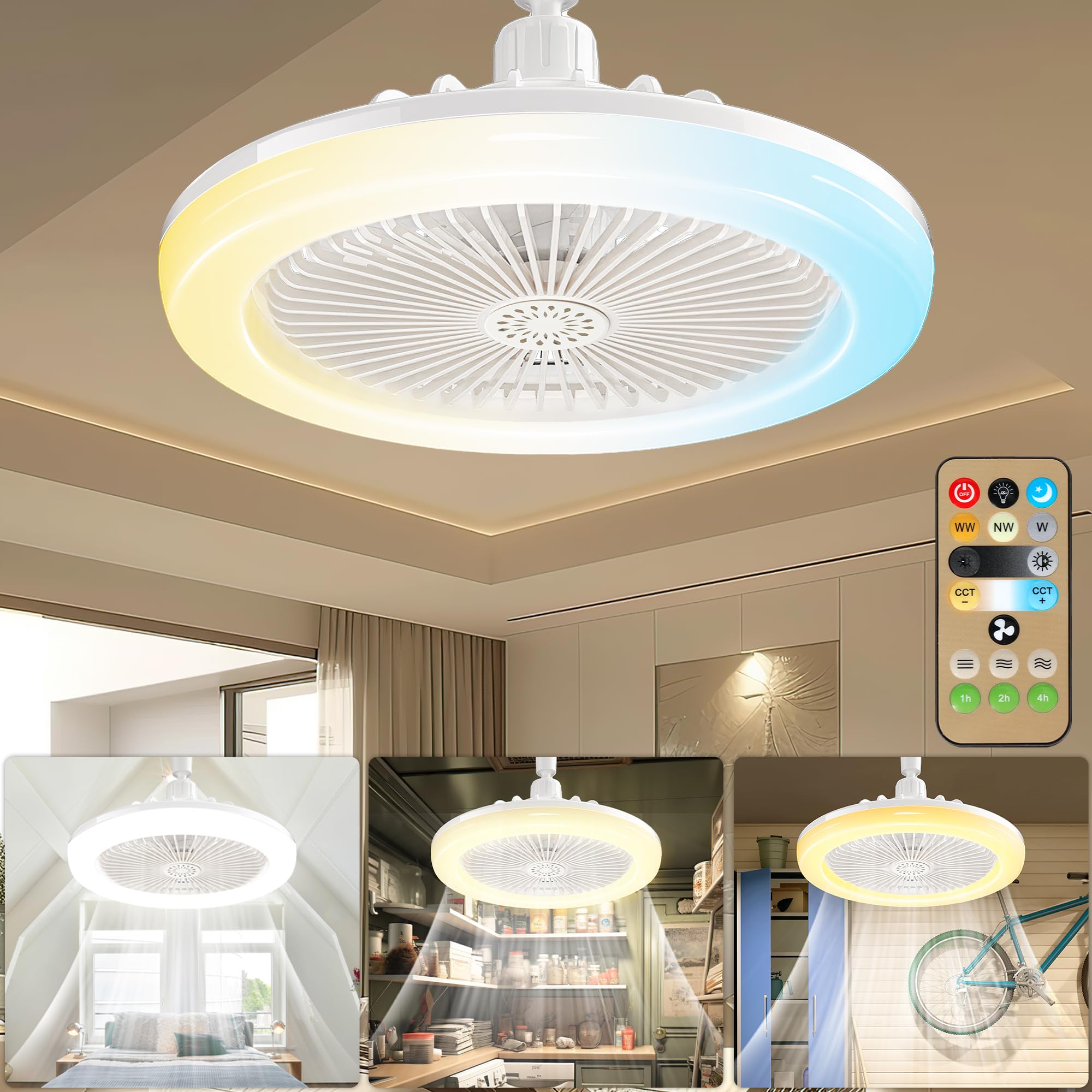cambk Socket Ceiling Fan Light Screw in with 3 Color Temp, Low Profile Enclosed Dimmable Fanlight with Remote, 10 inch Small Adj