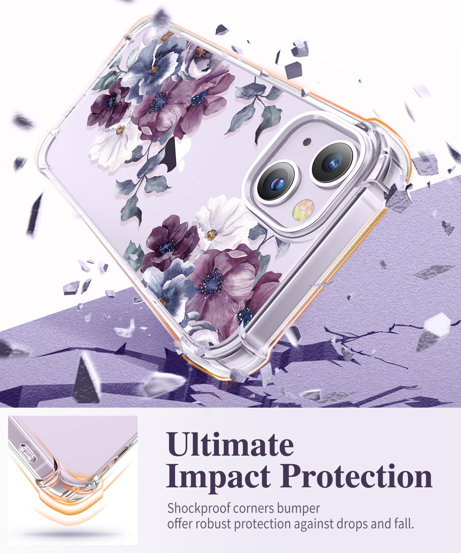 Gviewin For Iphone 14 Case Floral, With Screen Protector + Camera Lens Protector,[Non Yellowing]Soft Shockproof Clear Phone Prot