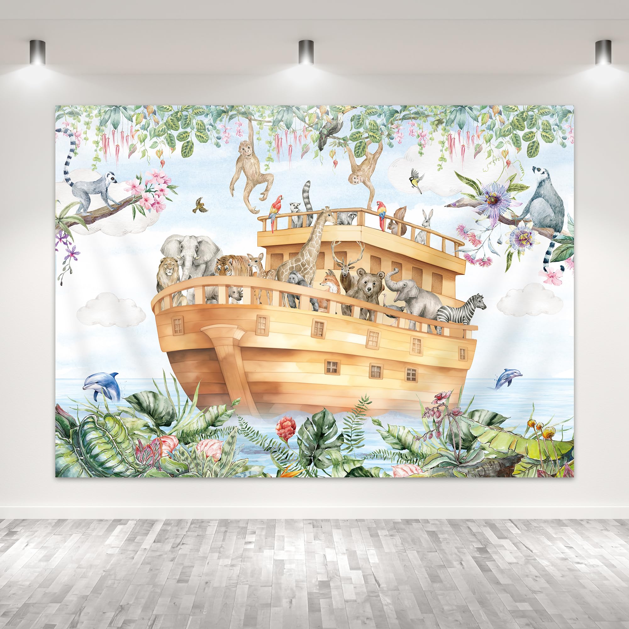 Glawry Noah'S Ark Backdrop For Photography 7Wx5H Feet Cartoon Woodland Animal Safari Jungle Tropical Leaves Plant Newborn Baby S