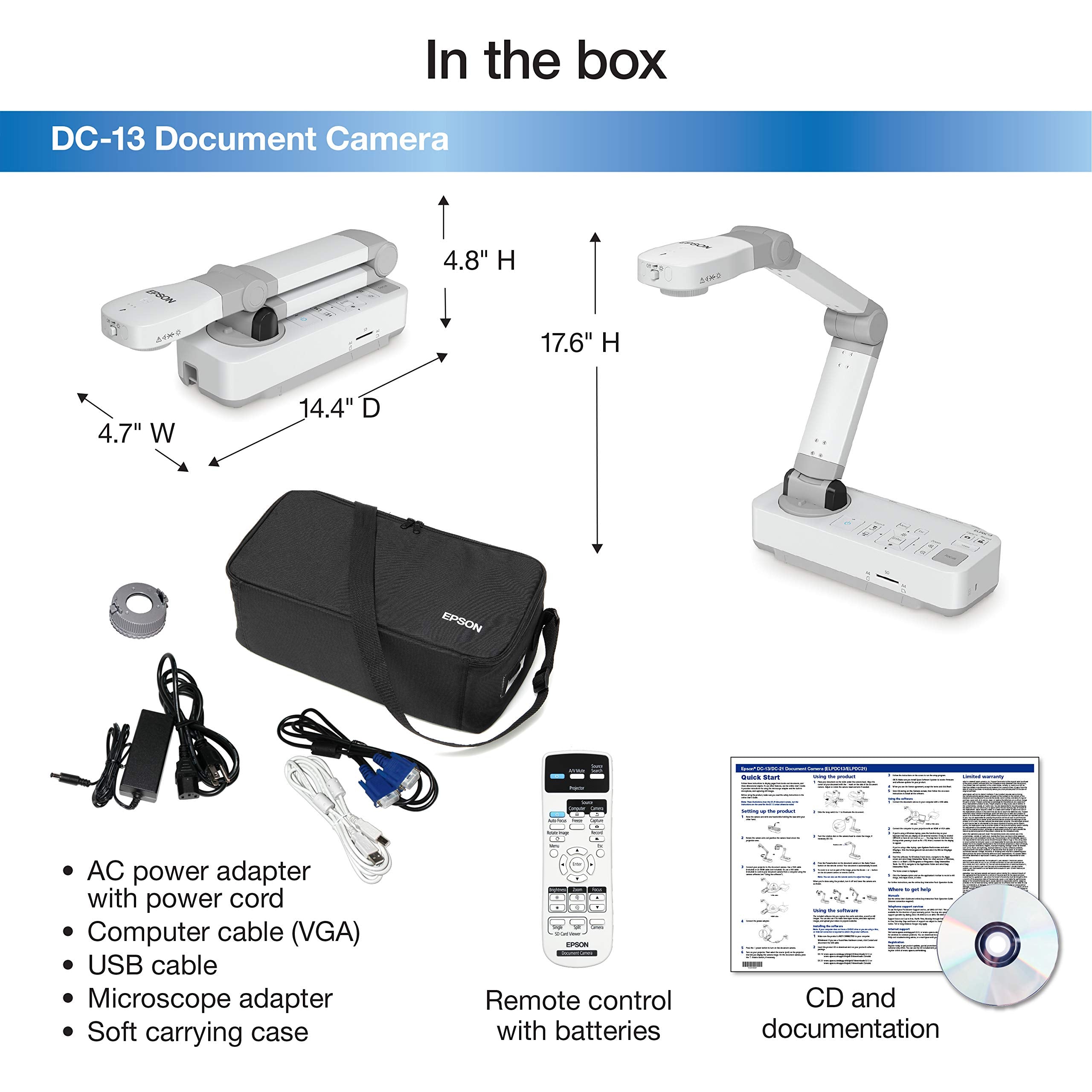 Epson Dc-13 High-Definition Document Camera With Hdmi, 16X Digital Zoom And 1080P Resolution,White