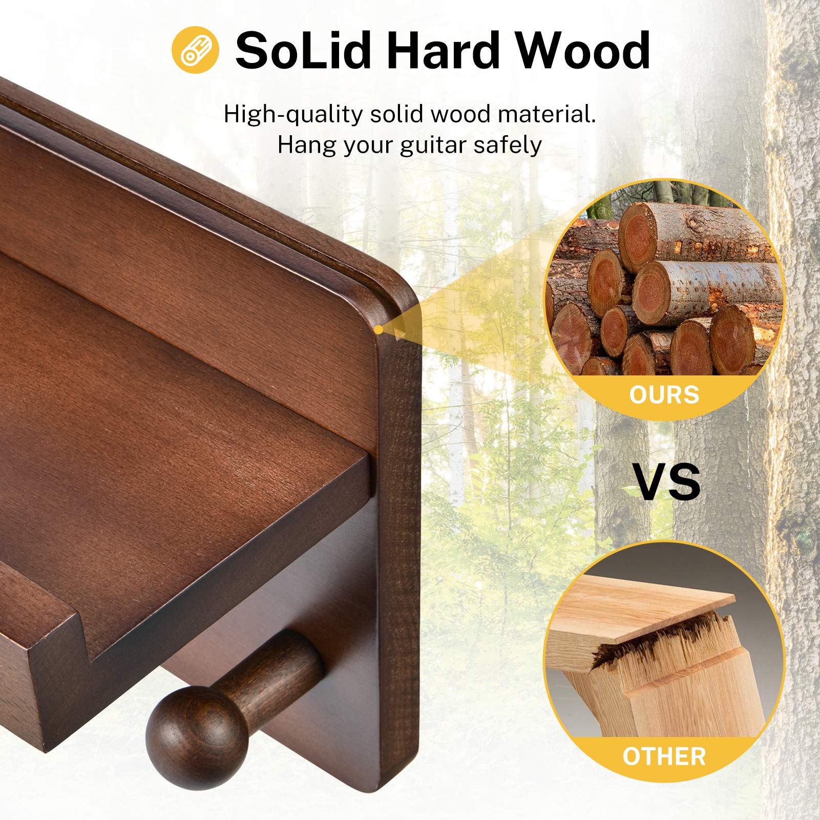 Donner Guitar Wall Mount Shelf, Guitar Wall Hanger With Pick Holder And 2 Hooks, Wood Guitar Rack For Acoustic, Electric, Bass,