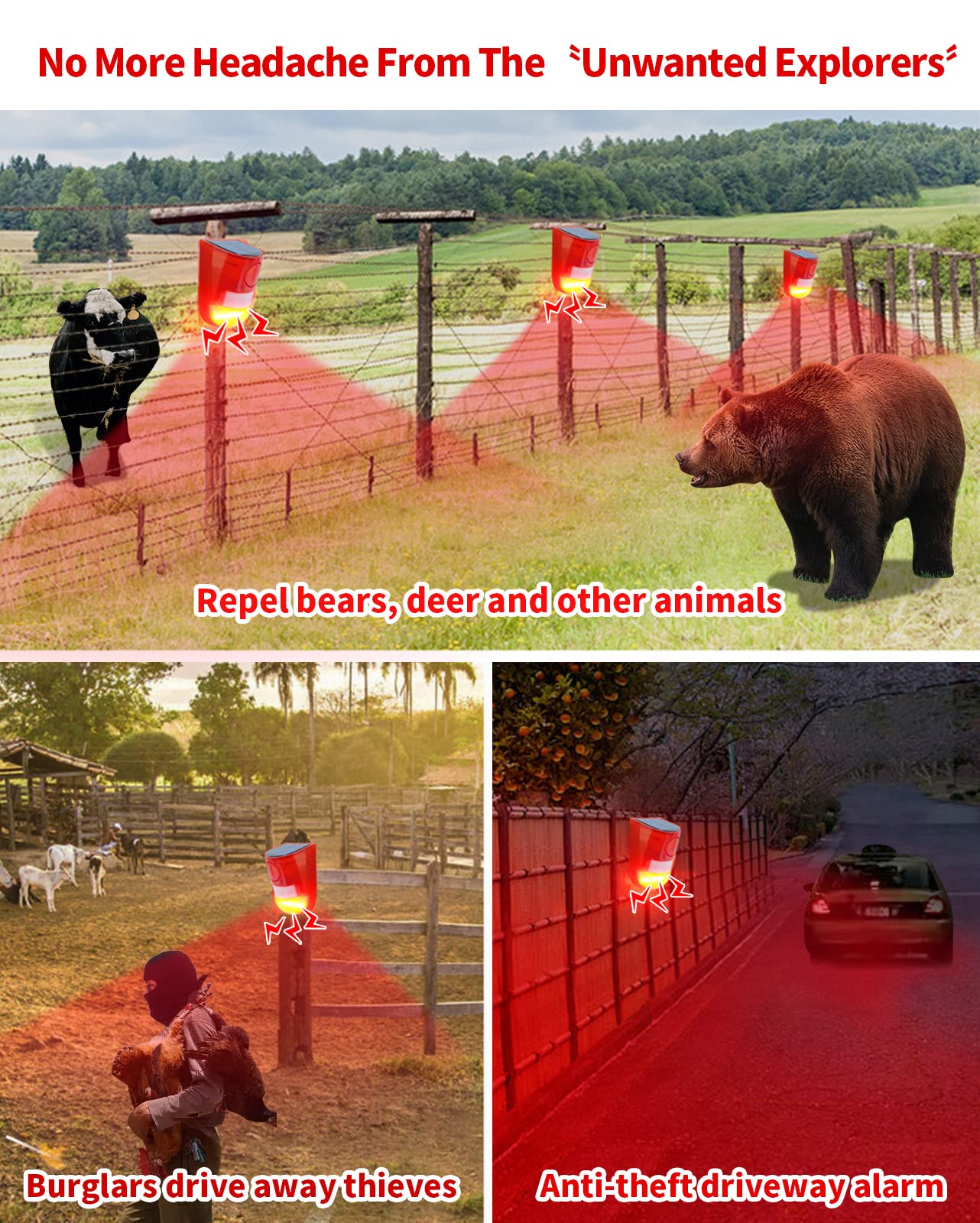 Chunhee Solar Sound & Light Alarm Outdoor Motion Sensor 129Db Siren Sound Alert & 6Leds Flash Warning Security Alarm System For Villa, Farm, Chicken Coop,Yard, Garden