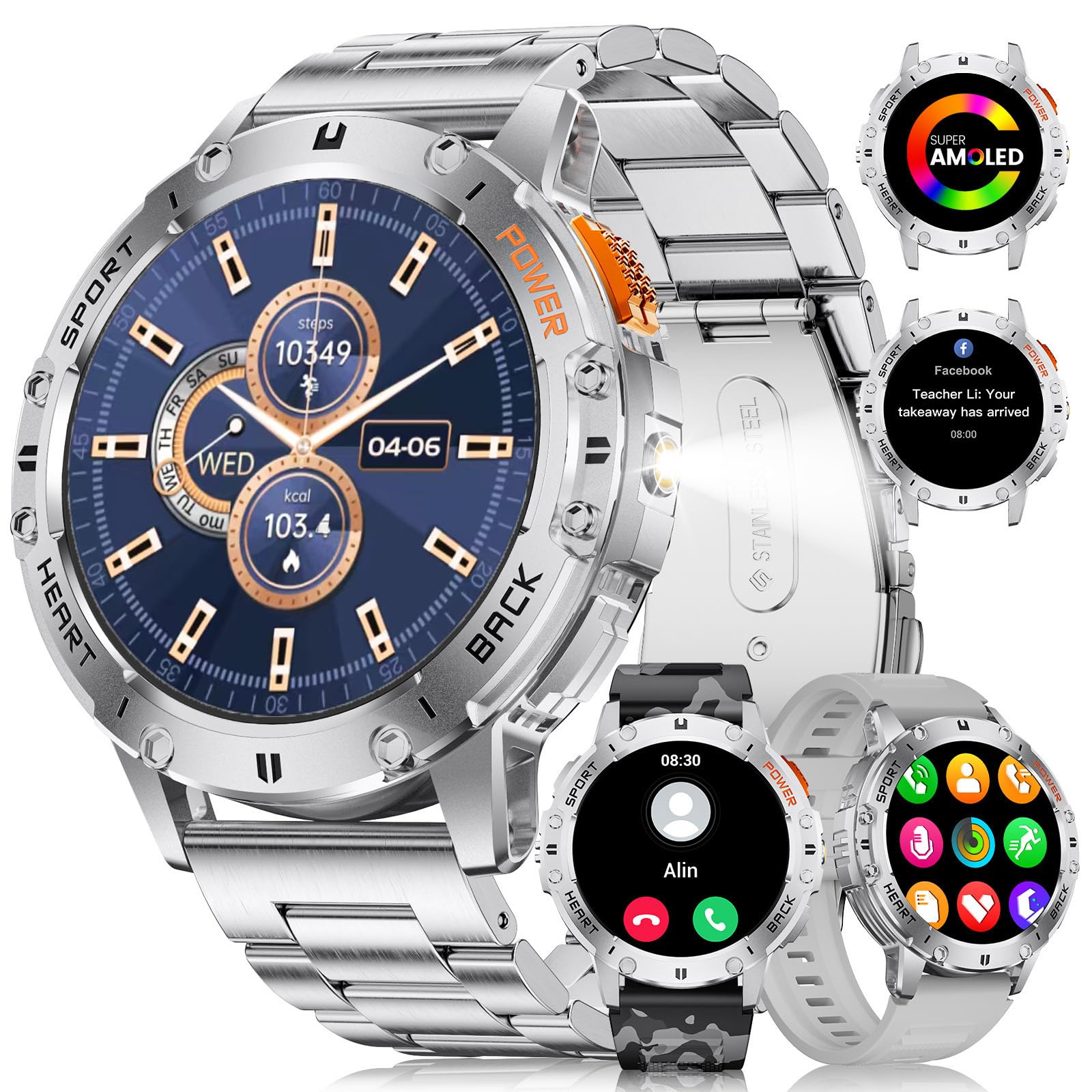 Lige Military Smart Watch For Men(Answer/Make Call)-3 Straps,1.43 '' Amoled Upgraded Outdor 530Mah Sports Smartwatch With Flashl