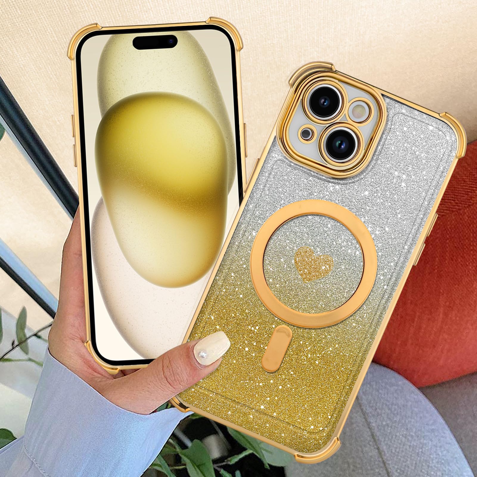 Tharlet Magnetic For Iphone 15 Case [Compatible With Magsafe] Glitter Cute Love Luxury Plating Plating Bling Clear Phone Case Wi