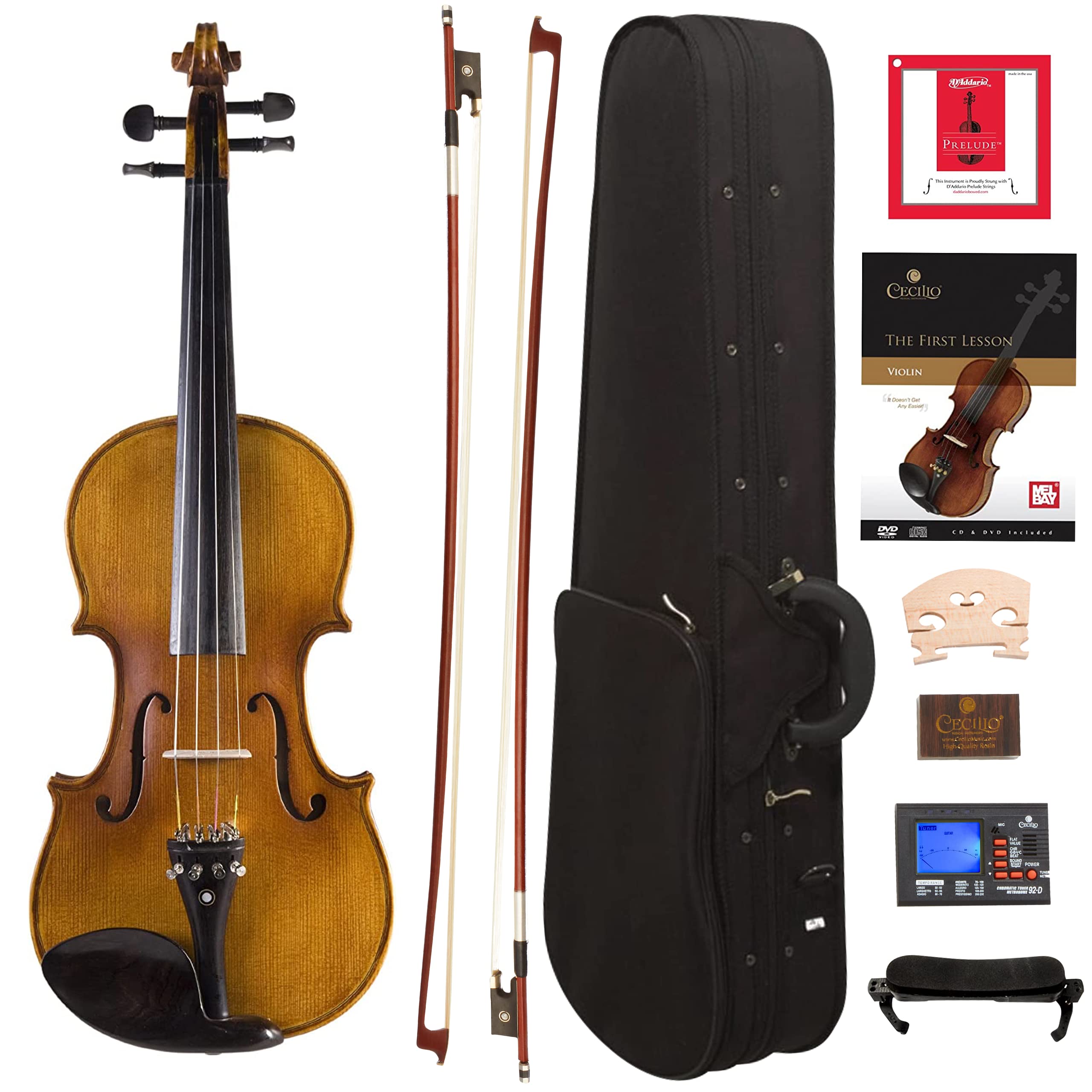 Cecilio Full Size 4/4 Violin with Hard Case & Shoulder Rest - Solidwood Ebony Fitted Violin with DAddario Strings, Ideal for Be
