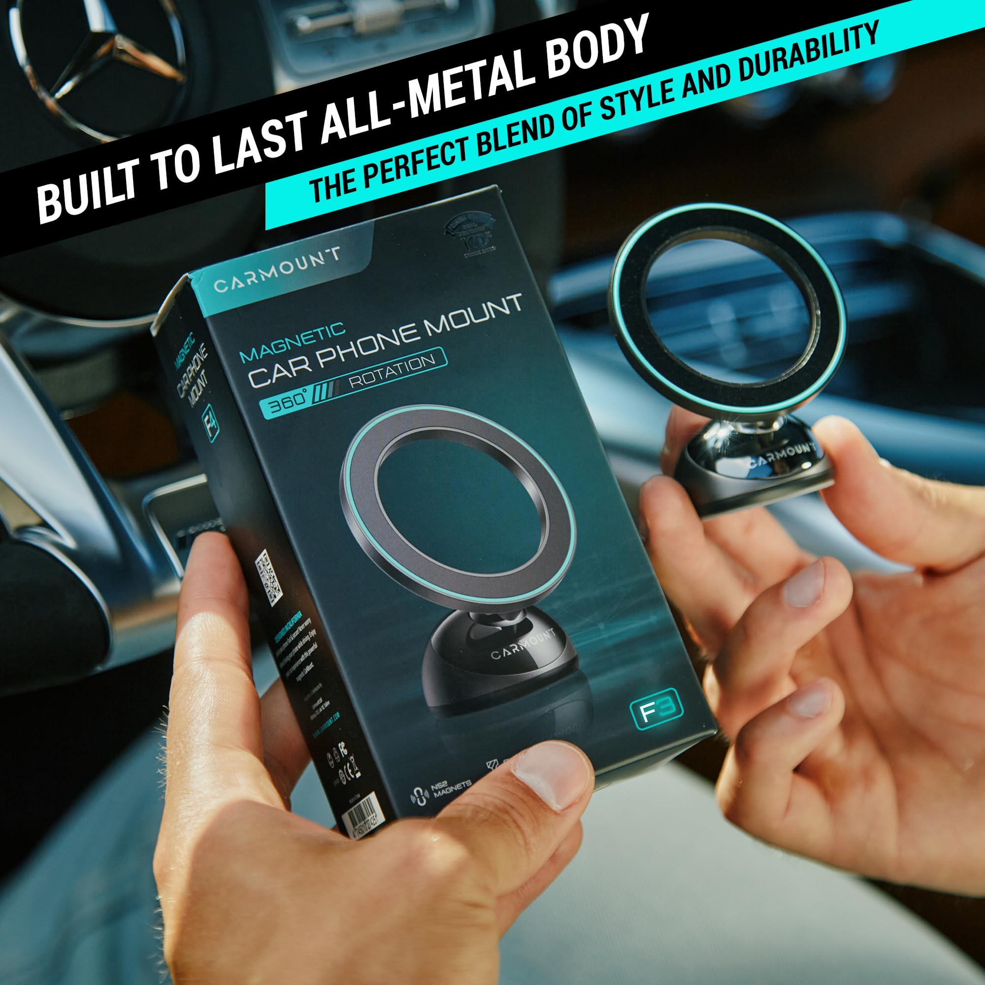 Carmount F3 Magsafe Car Mount | All-Metal Magnetic Phone Dashboard Holder With N52 Magnets Super Strong Hold | 360 Rotation | Un